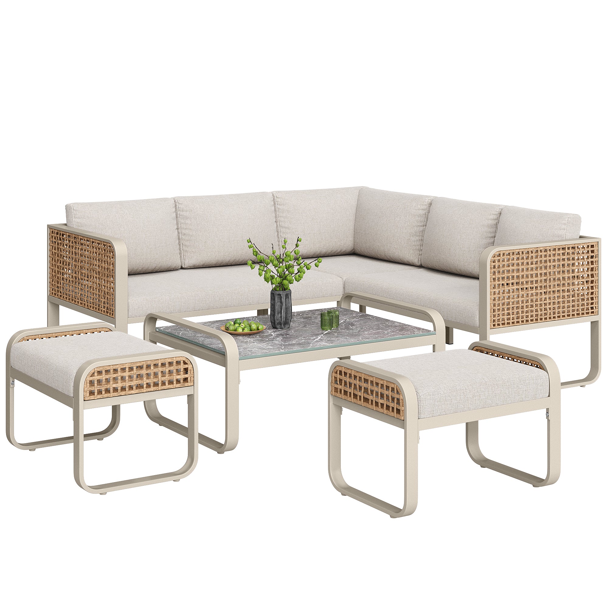 Outdoor garden lounge set, rattan furniture set for 6-7 people, corner sofa with galvanised iron frame, adjustable legs, includes all seat and back cushions, beige