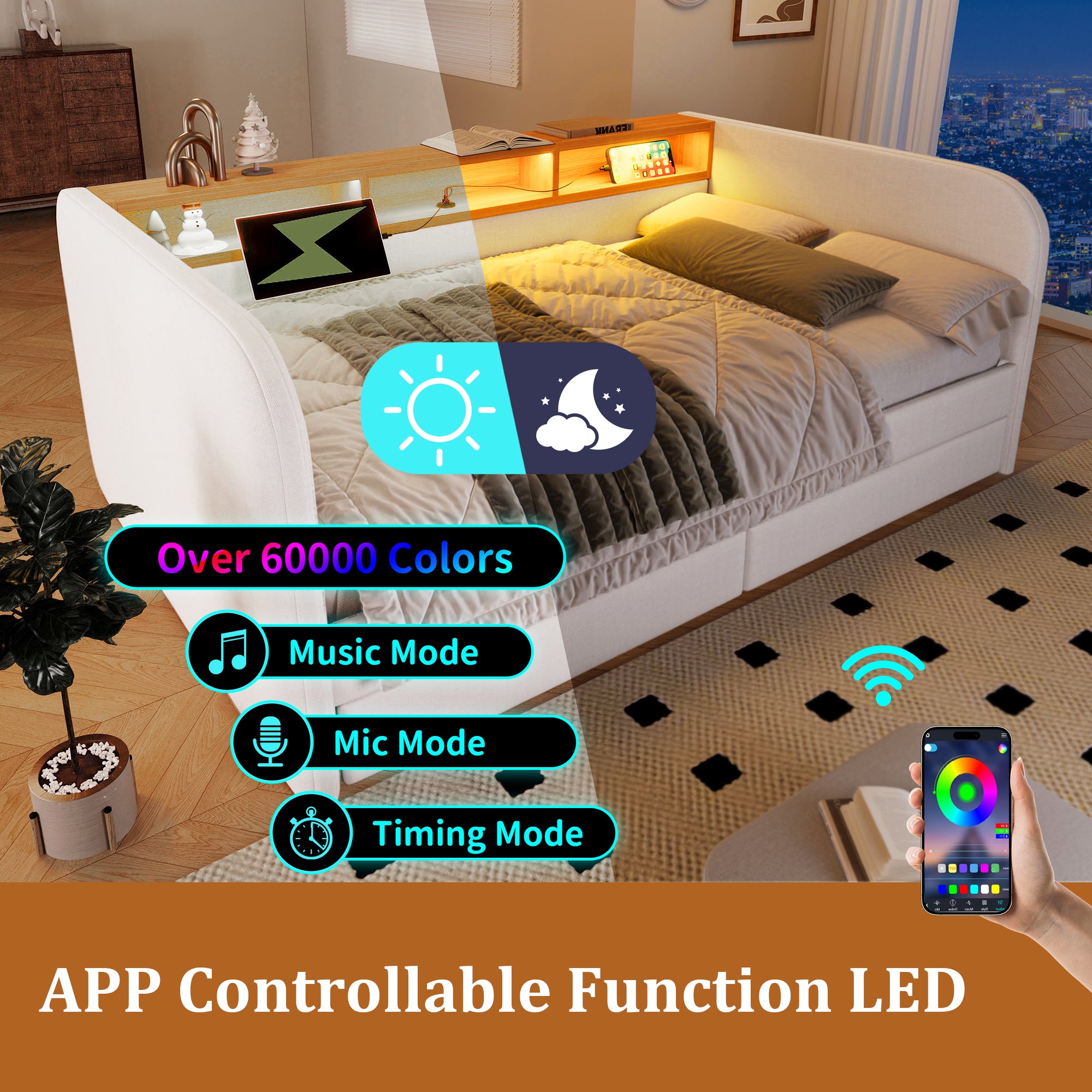 Upholstered Daybed with Headboard Storage, 90 x 190 cm Single Sofa Bed with LED and USB Type-C Reading Light, 3FT Daybed with 2 Drawers, Linen, Beige (Without Mattress)