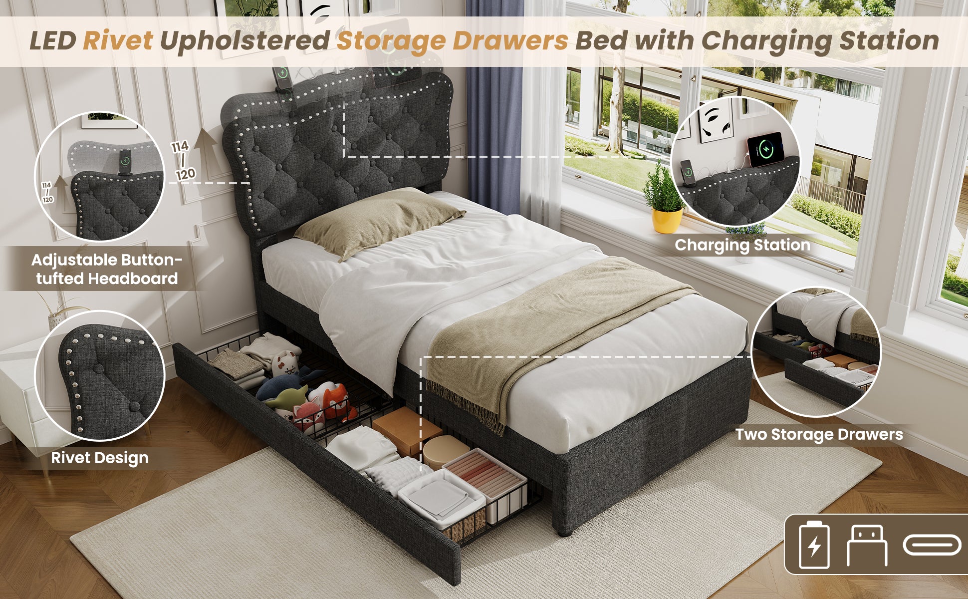 3ft Single Upholstered Bed with Rivet Design and Charging Station, Two Storage Drawers, Adjustable Button Tufted Headboard with USB & Type-C Ports, No Box Spring Needed, Linen, Grey (No Mattress)