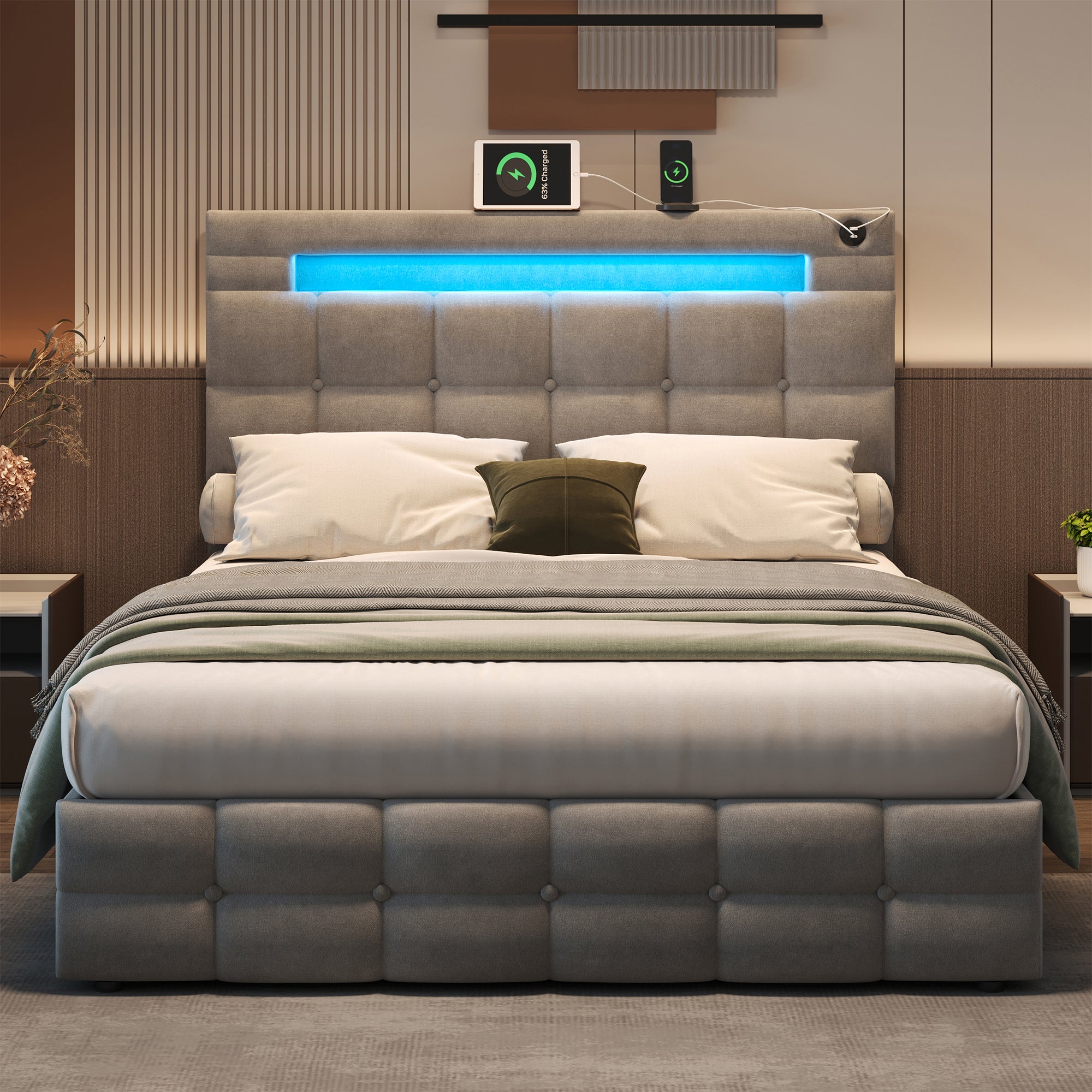 4ft6 Double Upholstered Bed Frame with Hydraulic Storage, Velvet Ottoman Bed with LED Lighting and Charging Station,  Double Bed with Adjustable Button Tufted Headboard, Grey (No Mattress)