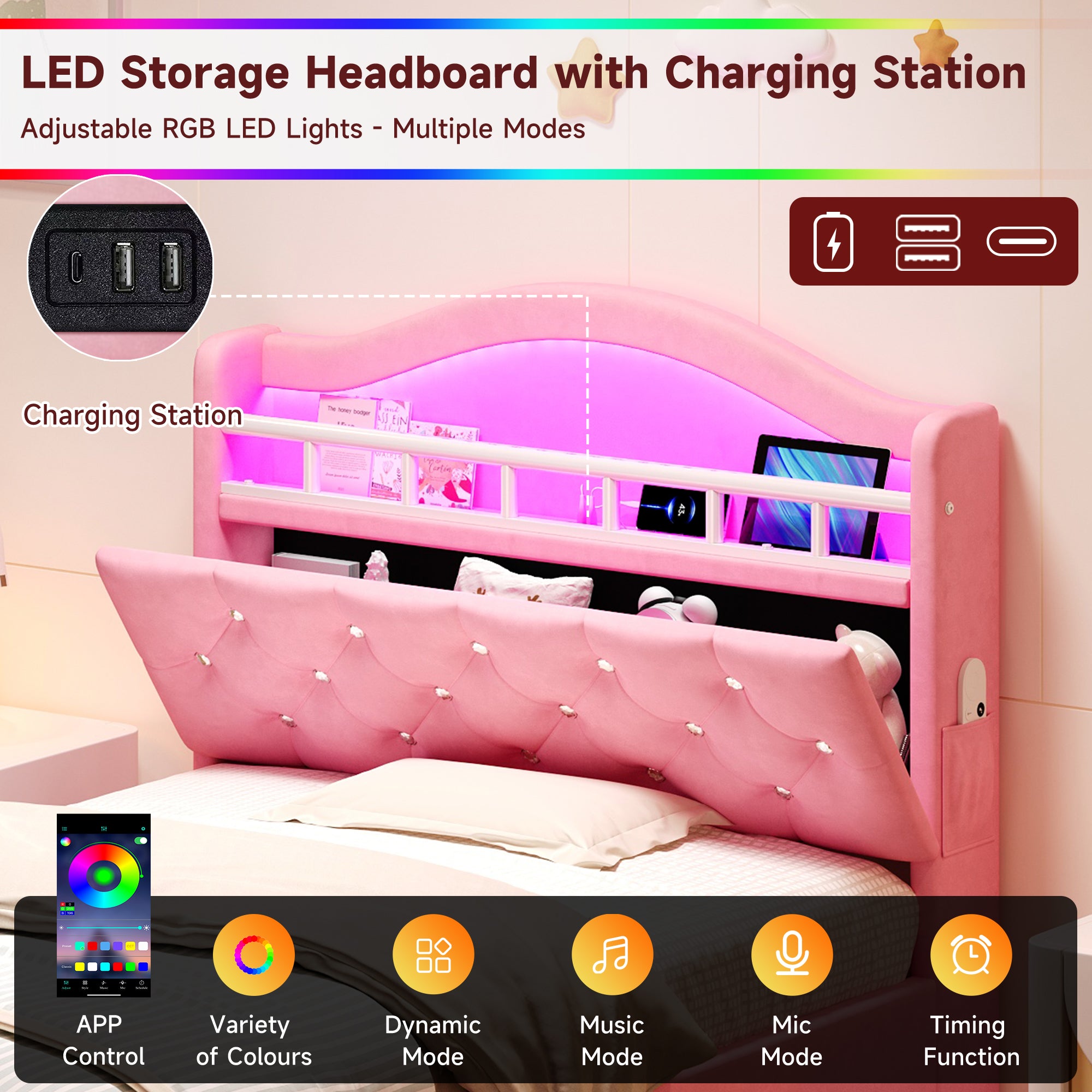 3ft Single Upholstered Velvet Bed Frame, LED Bed Frame with Charging Station & Diamond Tufted Headboard, Concealed Headboard Storage with USB and Type - C Ports, Easy Assembly, Pink (No Mattress)