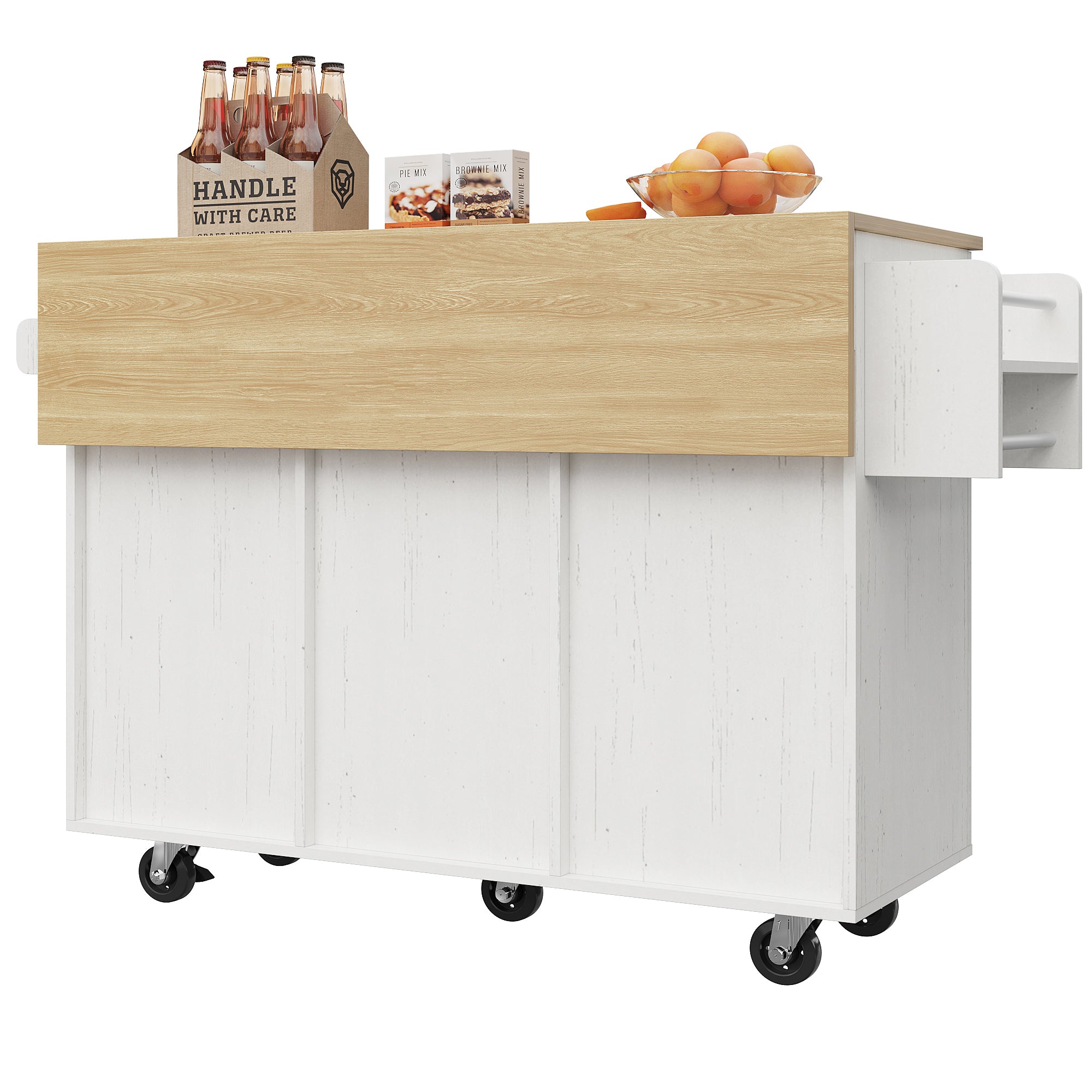 Modern kitchen island, kitchen cabinet, buffet cabinet, dining cart with wood grain, dining table with storage space, dining cart with snack shelves and stretch function cabinets, white