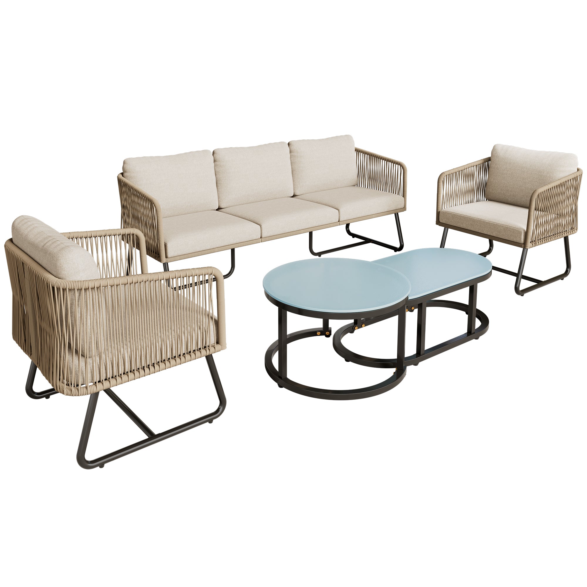 Outdoor Patio&Backyard Furniture Garden Lounge Set, Thick Quality Space Saving Sofas with Glass Coffee Table, Beige