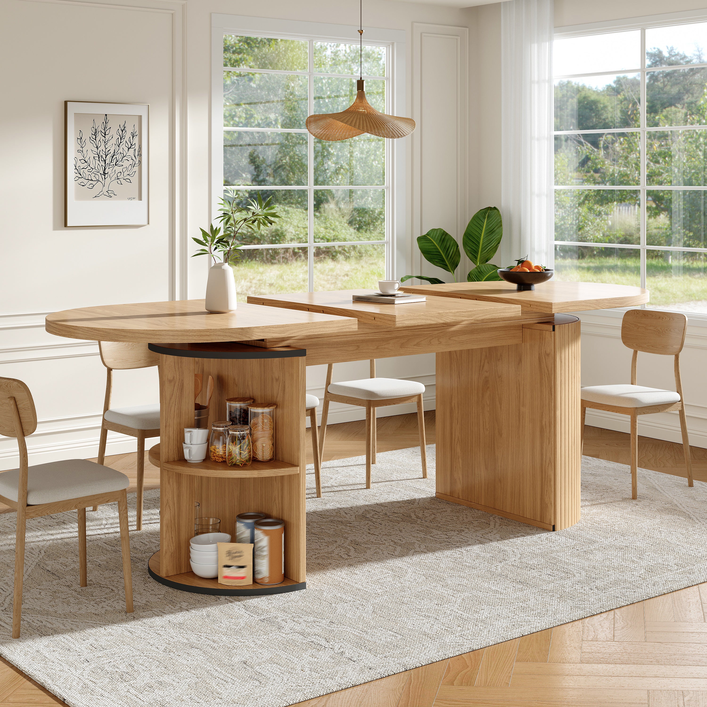Extendable dining table with hidden storage compartment, thickened tabletop for high stability, flexibly adaptable for small spaces, kitchen, study and living room, natural brown