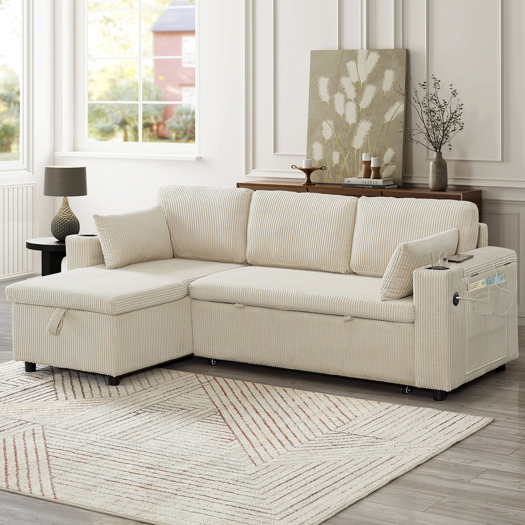 3 in 1 Convertible Corduroy Sofa Bed with Storage Chaise, L Shaped Sleeper Sofa Couches with Armrest Storage and Charging Station. Pullout Sectional Daybed for Living Room/Bedroom/Office, Beige