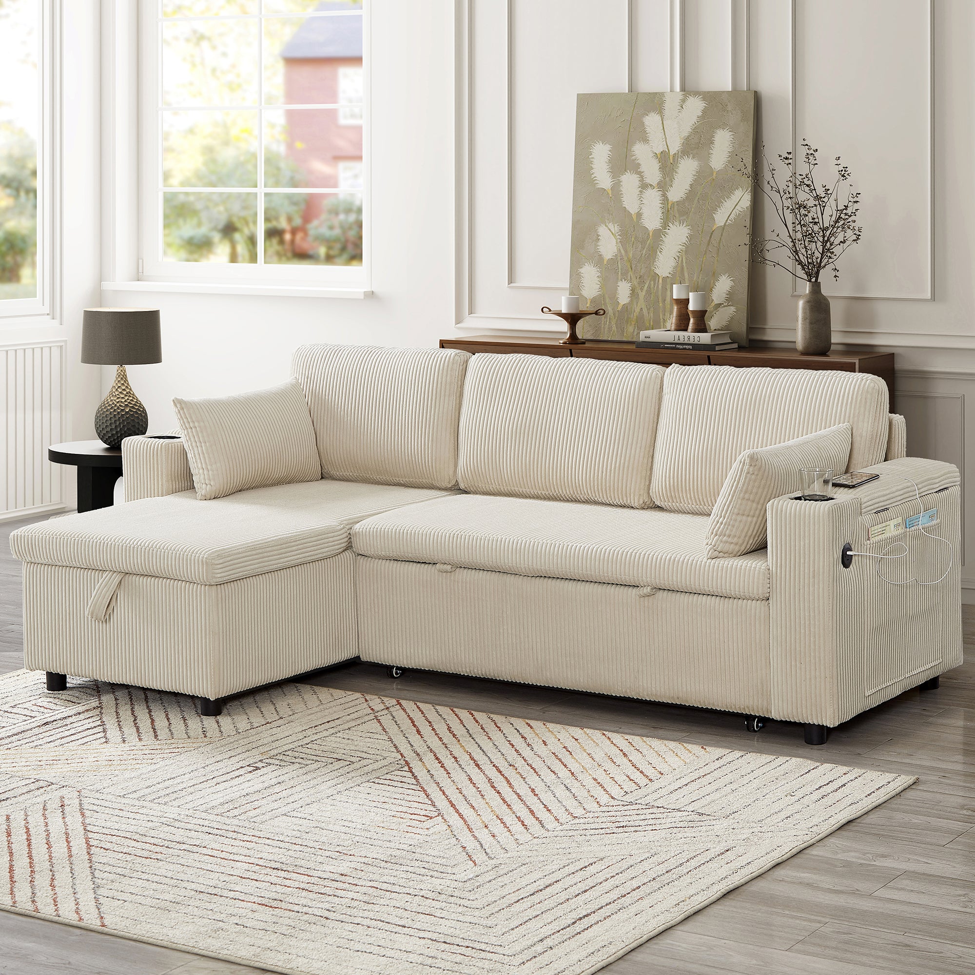 3 in 1 Convertible Corduroy Sofa Bed with Storage Chaise, L Shaped Sleeper Sofa Couches with Armrest Storage and Charging Station. Pullout Sectional Daybed for Living Room/Bedroom/Office, Beige