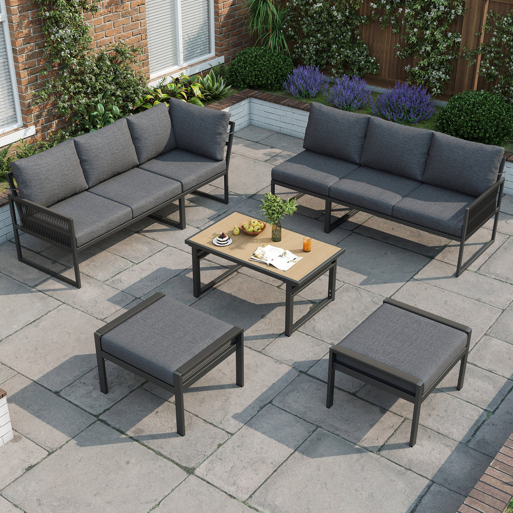 7-8 Seater Outdoor Garden Set with Height Adjustable Coffee Table and Compact Seater Stools, Corner Sofa with Polyester Rope, Weatherproof Outdoor Patio Dining Lounge Set for Balcony and Terrace, Grey