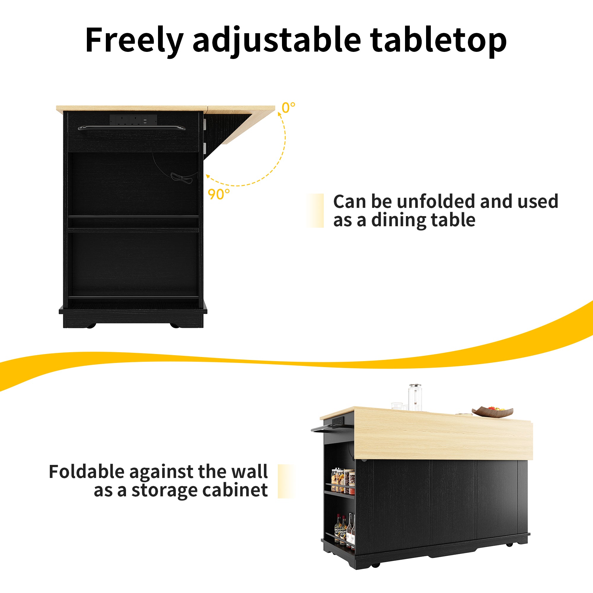 Kitchen island, kitchen trolley equipped with power strip, kitchen cabinet, serving trolley with worktop, buffet cabinet, dining trolley with wood grain, black