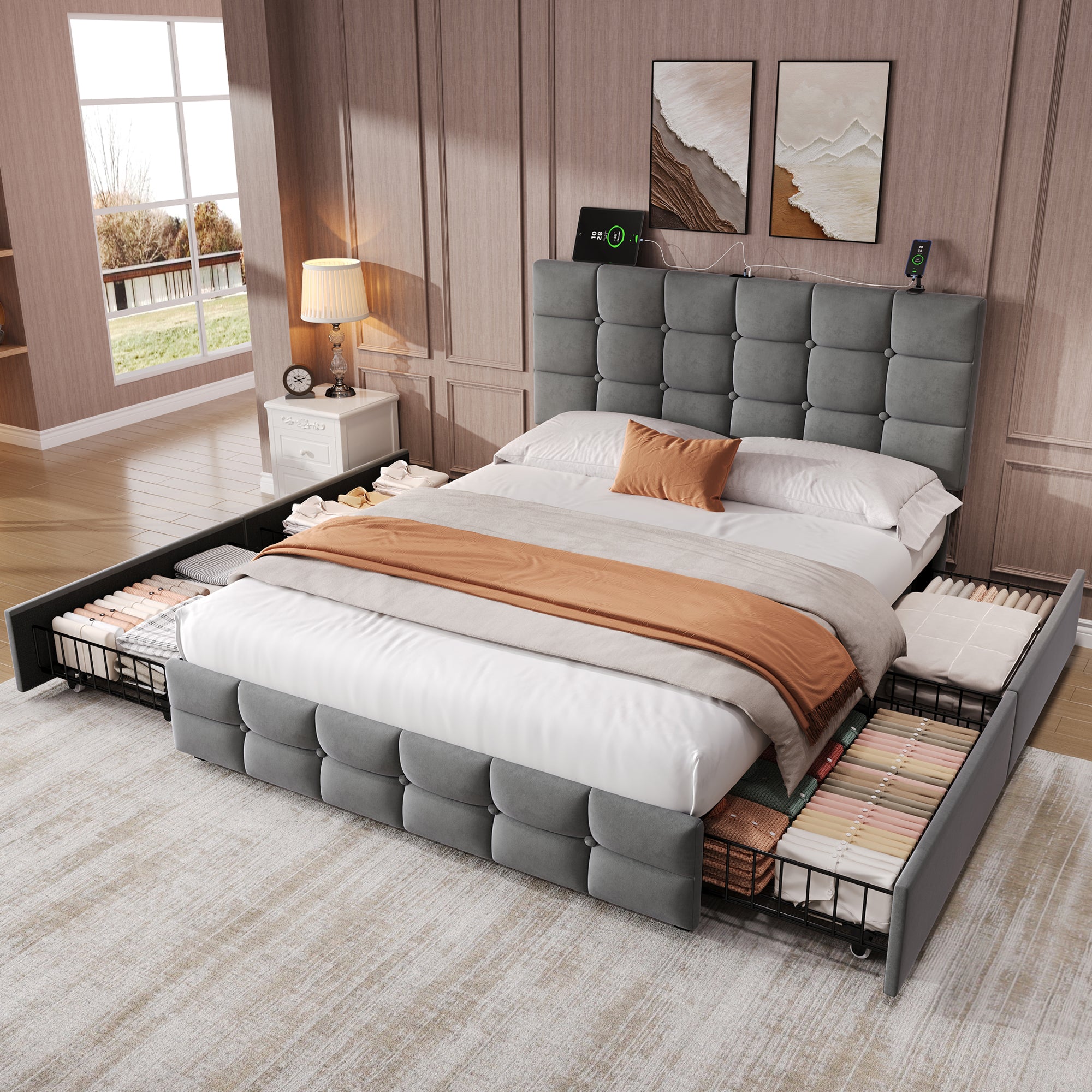 4ft6 Double Upholstered Bed with 4 Storage Drawers, Velvet Bed Frame with Charging Station. Adjustable Button Tufted Headboard with USB and Type - C Ports, No Box Spring Needed, Grey (No Mattress)