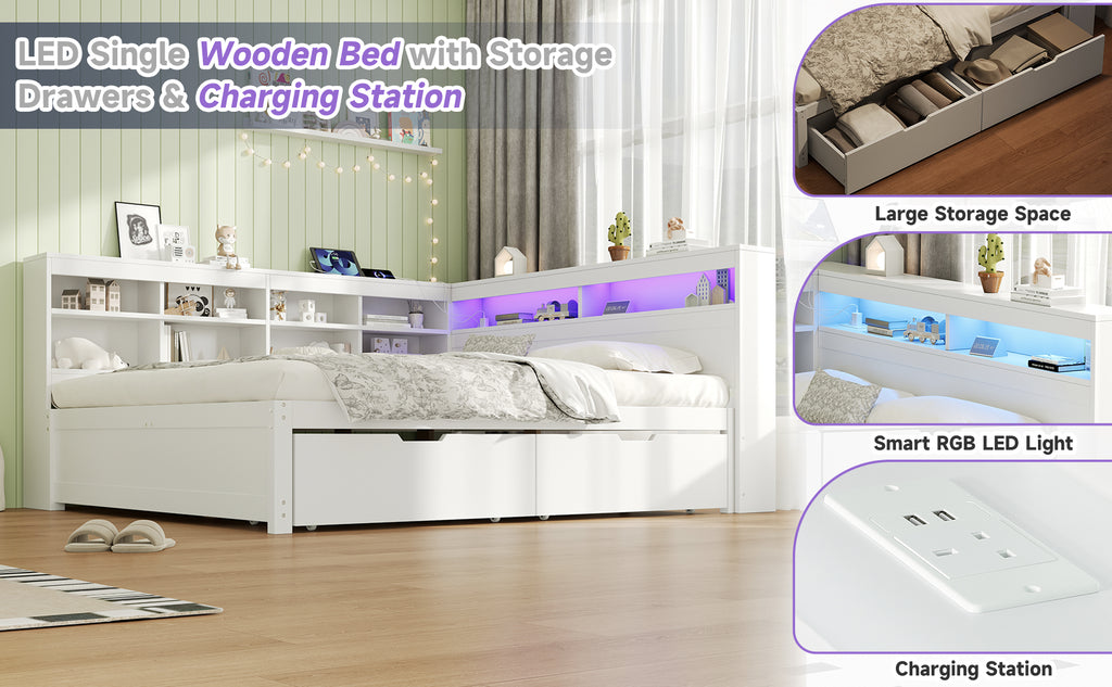4ft6 Double Daybed with Two Storage Drawers and Beside Storage, LED Modern Bed frame with Charging Station, Wood Bed for Living Room/ Bedroom/ Study Room, 135X190cm, Easy Assembly, White (No Mattress)