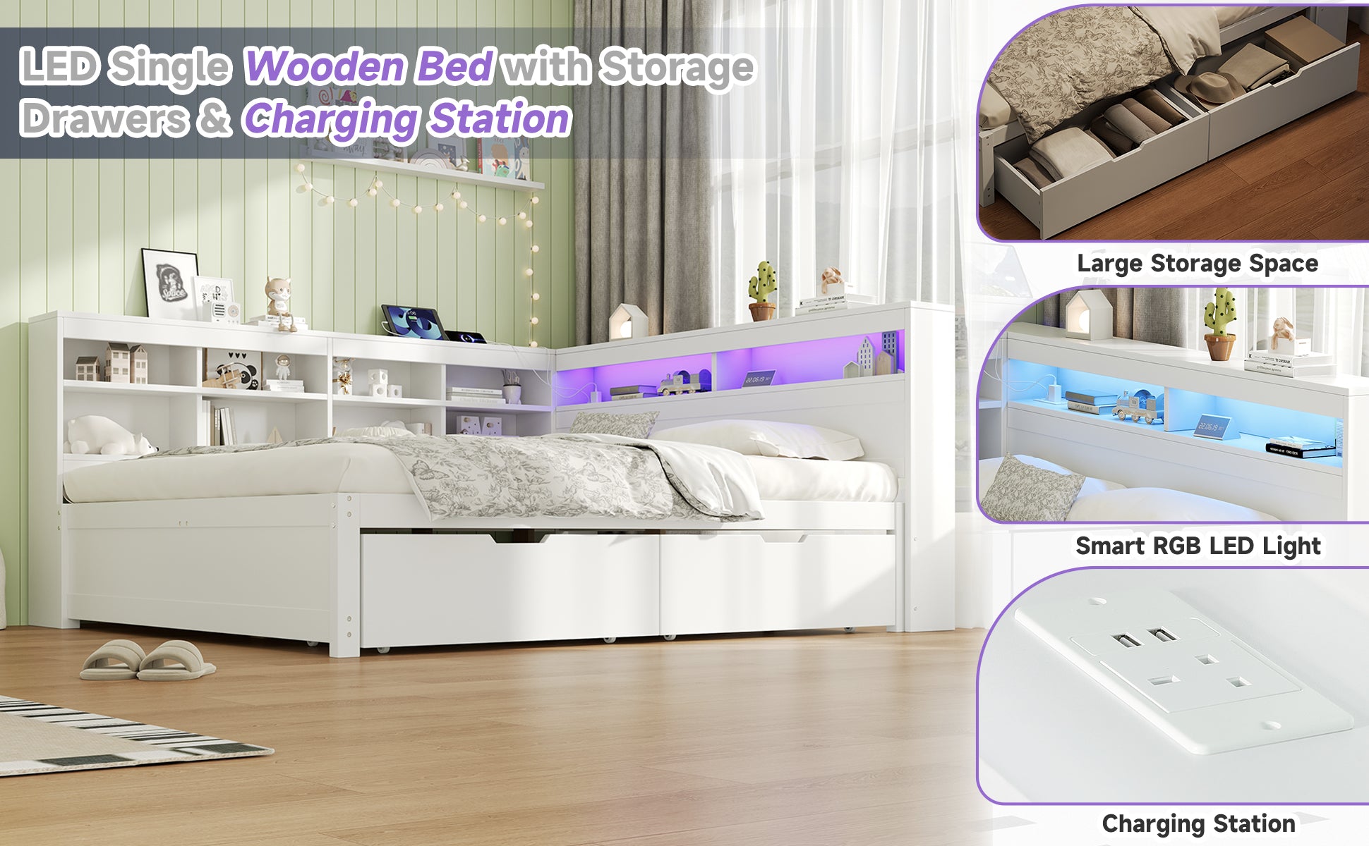 4ft6 Double Daybed with Two Storage Drawers and Beside Storage, LED Modern Bed frame with Charging Station, Wood Bed for Living Room/ Bedroom/ Study Room, 135X190cm, Easy Assembly, White (No Mattress)