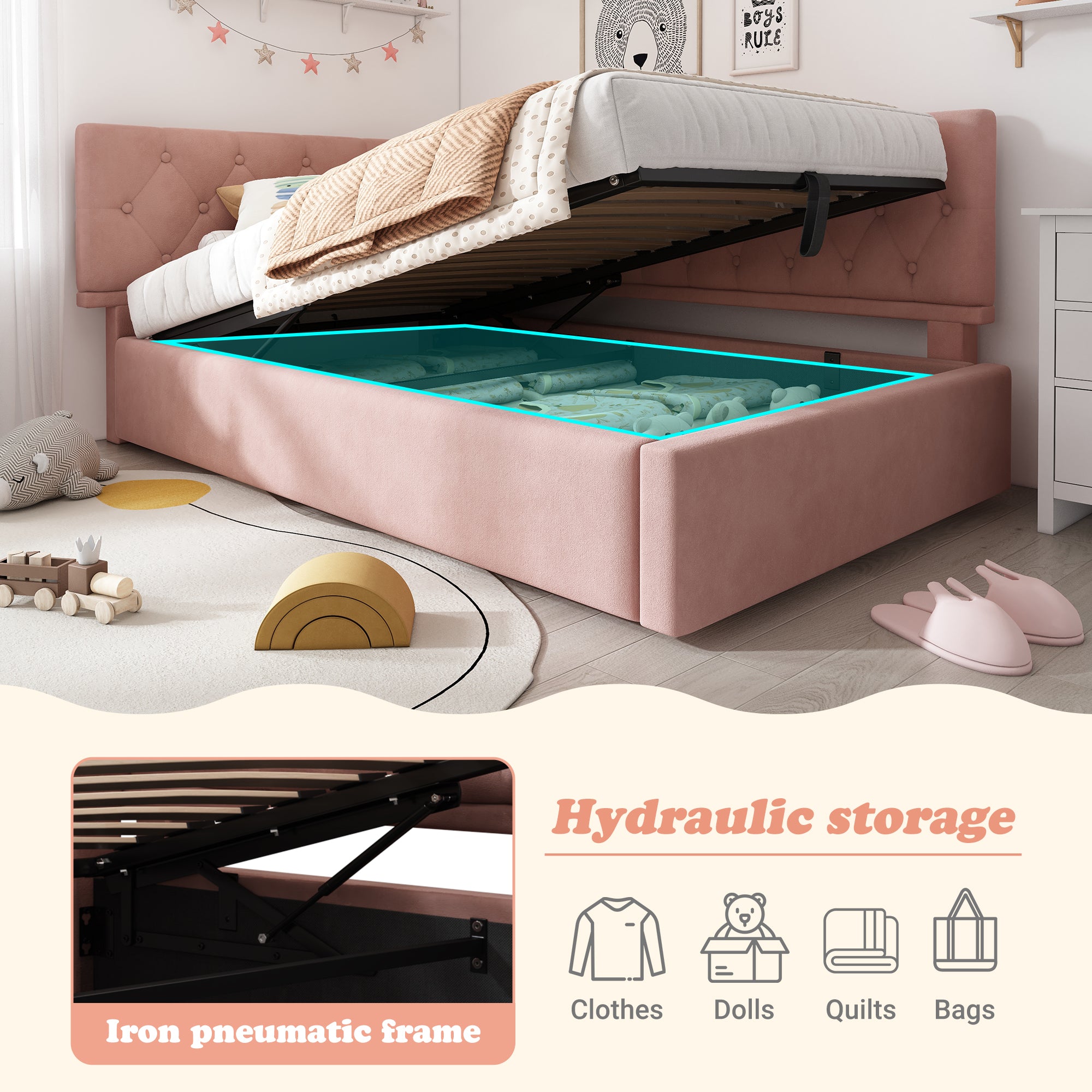 Daybed Upholstered Bed with Storage, 3FT Single Sofa Bed 90 x 190 cm, Ottoman Bed with Hydraulic Storage, Metal Slatted Bed Frame, Velvet, Pink (No Mattress)