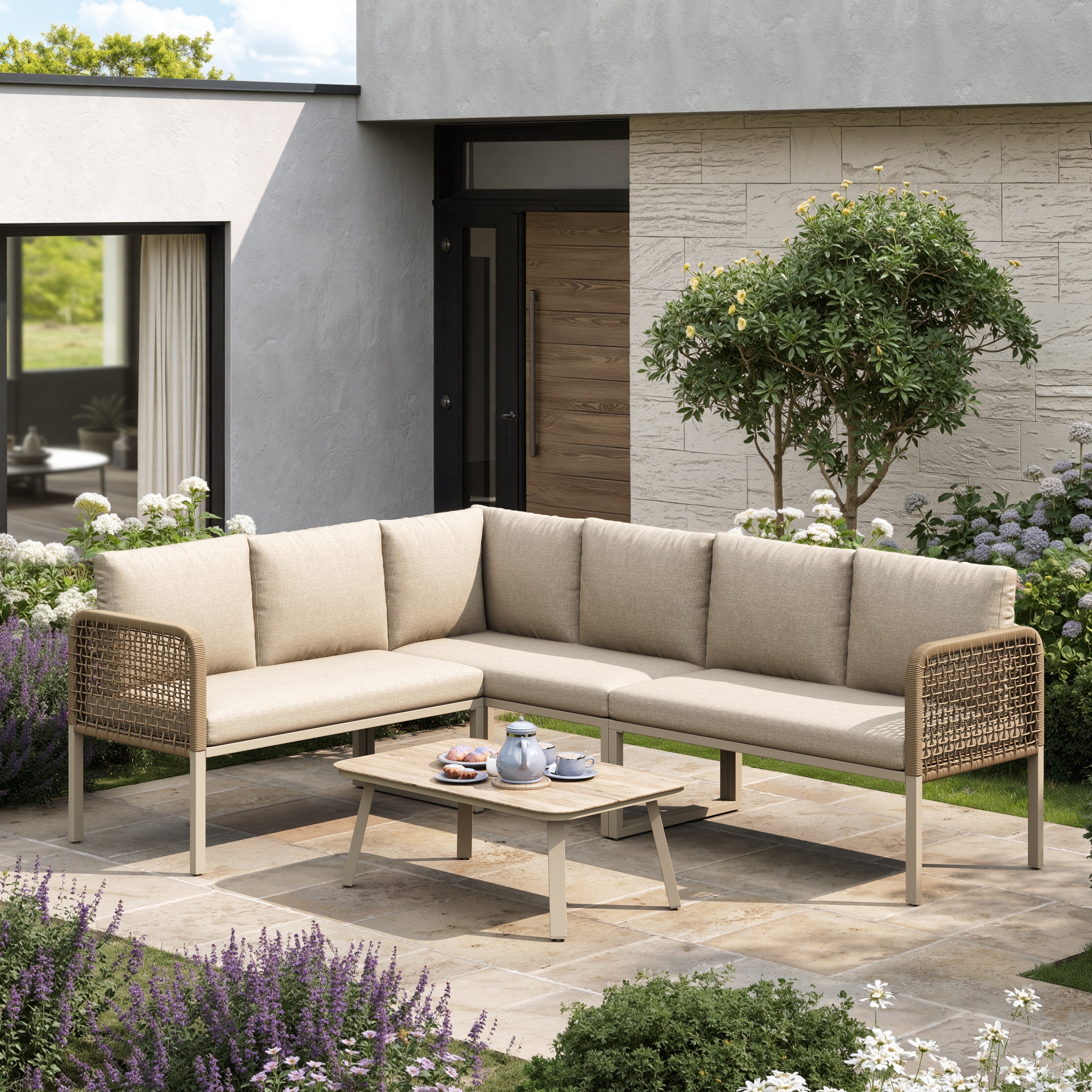 5-6 Seater Garden Furniture Set with Wood-look Tempered Glass Coffee Table, L-Shaped Corner Sofa with Polyester Rope, Weatherproof Outdoor Patio Dining Lounge Set for Balcony and Terrace, Linen, Beige