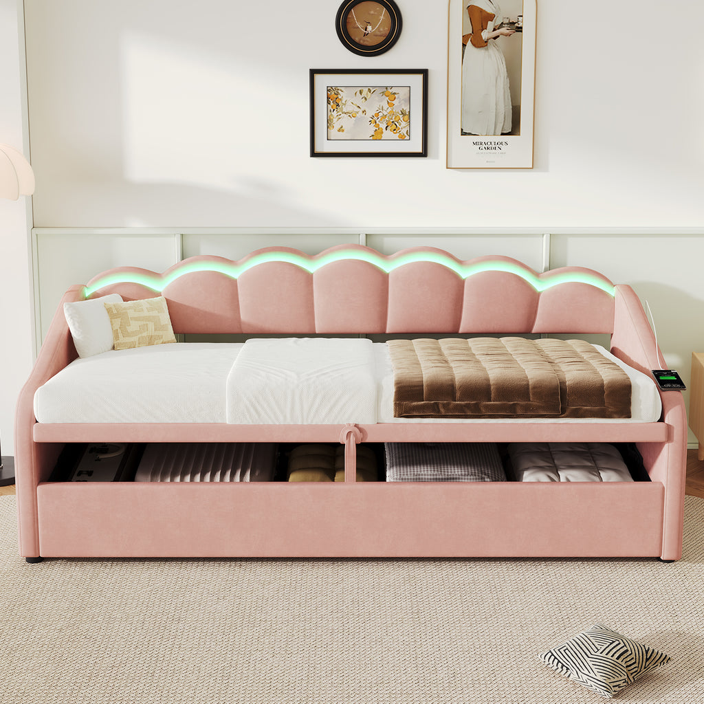 Upholstered Bed 90x190cm, Daybed, RGB LED Sofa Bed with Charging Station, 3ft Petal Shape Single Bed with Hydraulic Storage for Living Room/ Bedroom/ Study Room, Velvet, Pink (No Mattress)