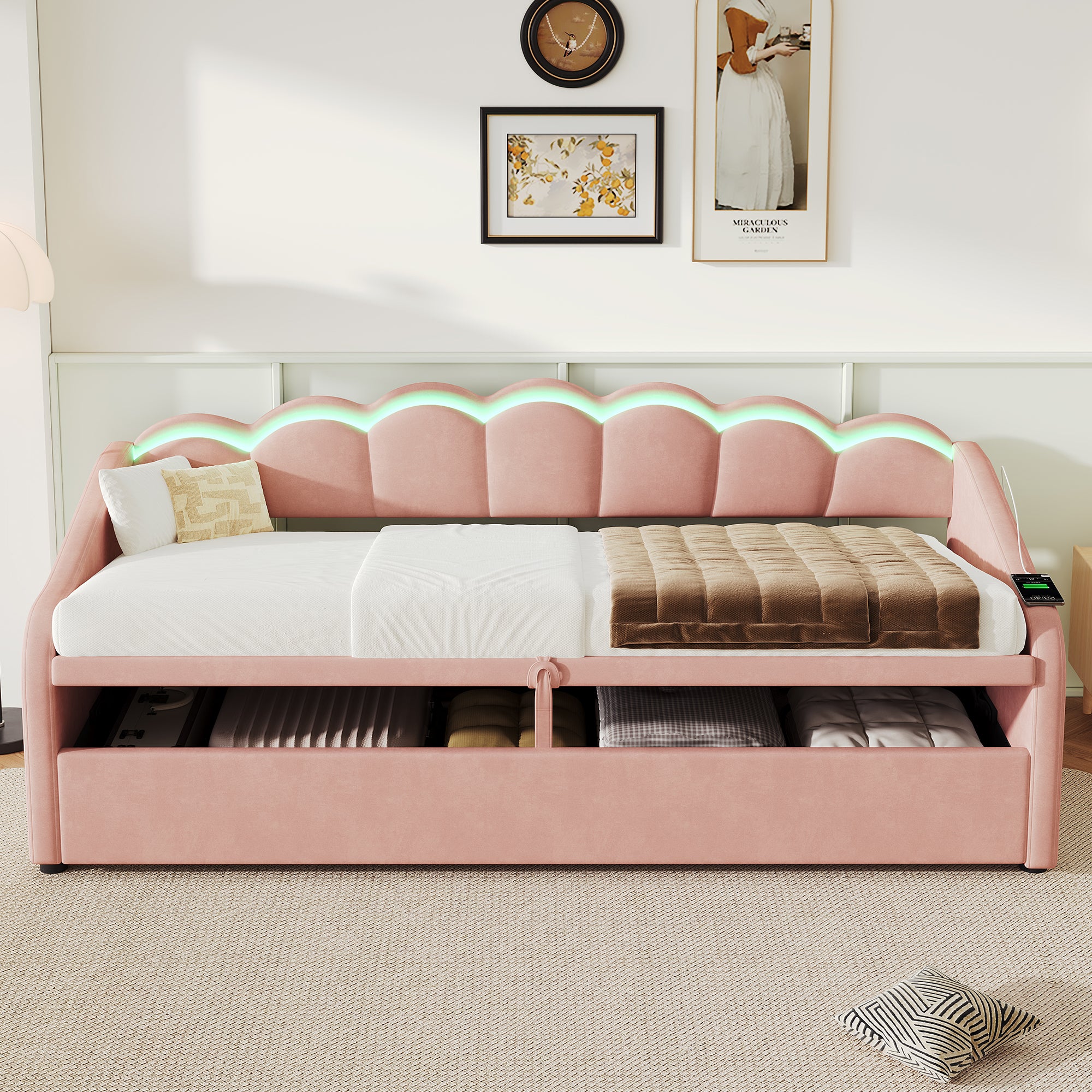 Upholstered Bed 90x190cm, Daybed, RGB LED Sofa Bed with Charging Station, 3ft Petal Shape Single Bed with Hydraulic Storage for Living Room/ Bedroom/ Study Room, Velvet, Pink (No Mattress)