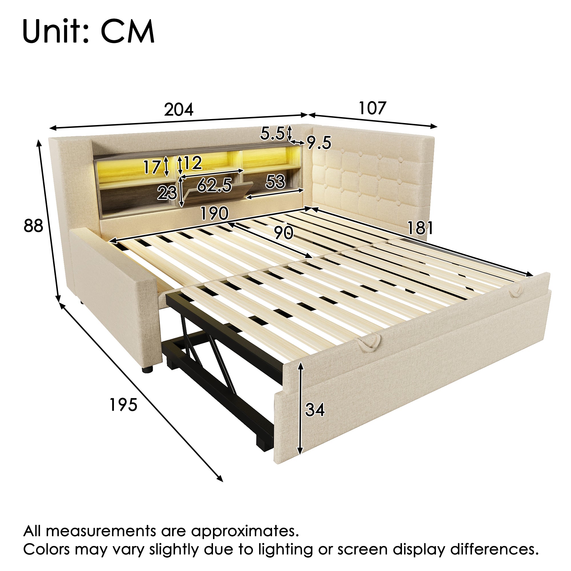  Daybed Upholstered Bed 90 x 190 cm, 3FT Single Sofa Bed with Storage, USB &Type C Charging Station, Pull out Trundle for Living Room and Bedroom, Linen, Beige (No Mattress)