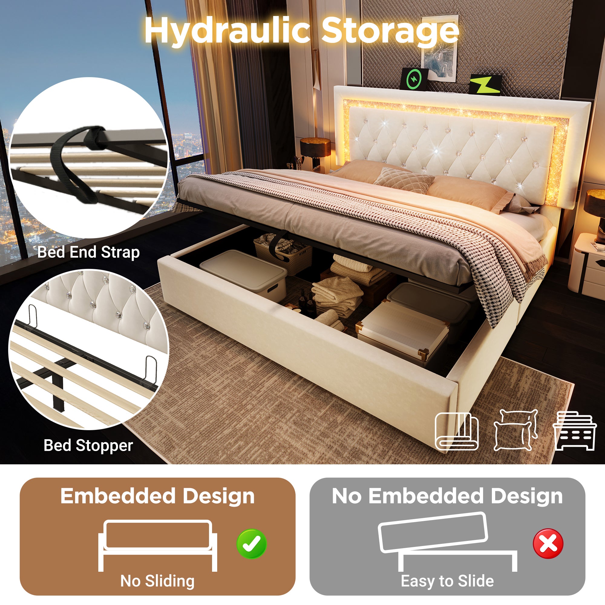 Upholstered Double Bed 135 x 190 cm with LED Lighting, USB Type-C Charging, 4ft6 Hydraulic Storage Bed with Adjustable Diamond Tufted Headboard, Velvet, Beige (No Mattress)