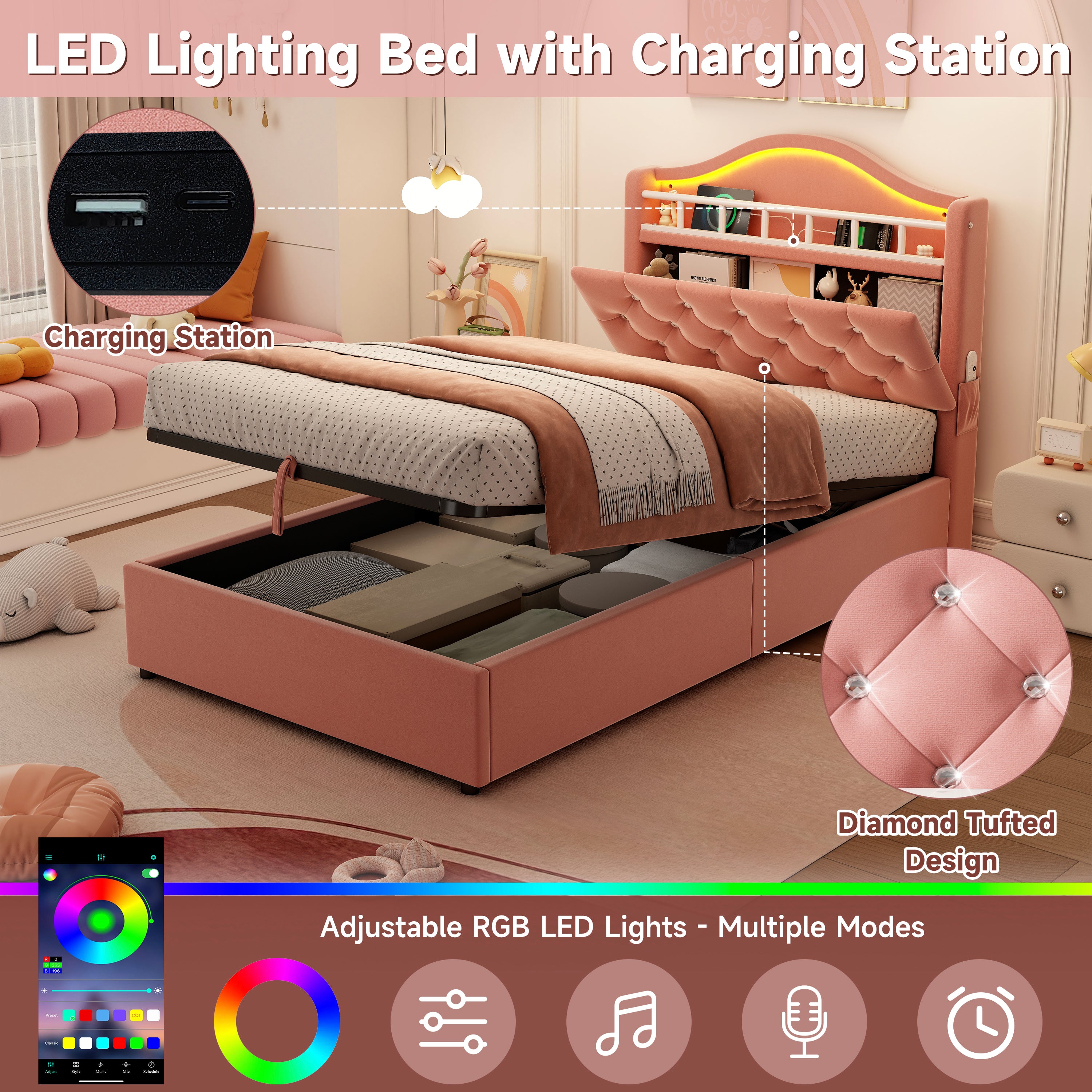 3ft Single Hydraulic Bed in Velvet, LED Bed Frame with Charging Station & Diamond Tufted Headboard, Multi-zone Storage, Solid & Stable Base, Pink (No Mattress)