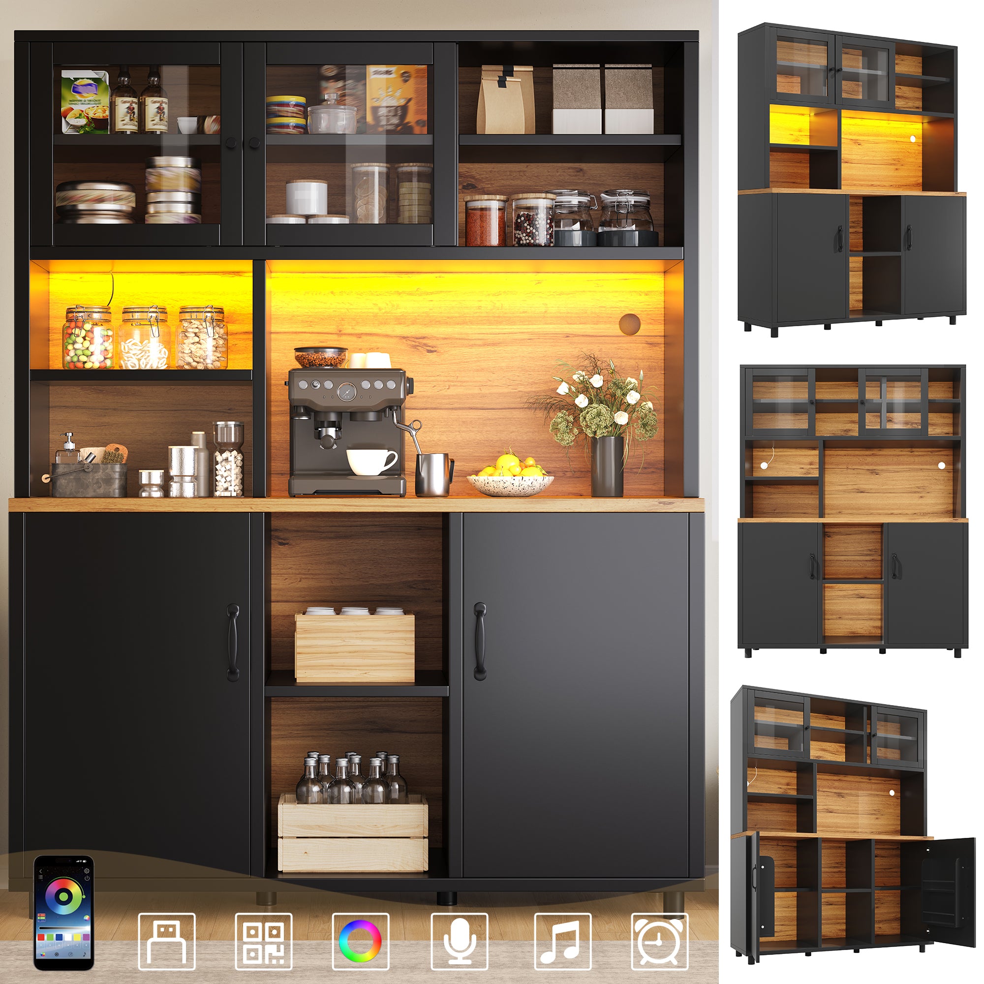 Tall cabinets for the living room, kitchen cabinet, dining room cabinet, cabinets with LED lighting, cabinet door with snack shelf, retro style, black