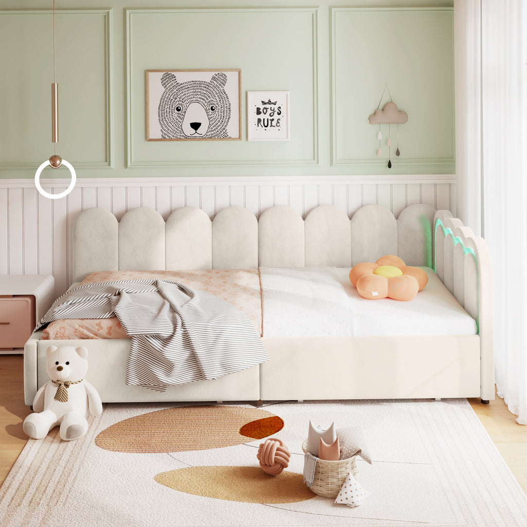3ft Single Daybed with Smart RGB LED Lights and 2 Storage Drawers, Modern Velvet Youth Bed with Scalloped Backrest and Wooden Slats, Reversible Side Panel, Easy Assembly, Beige (No Mattress)