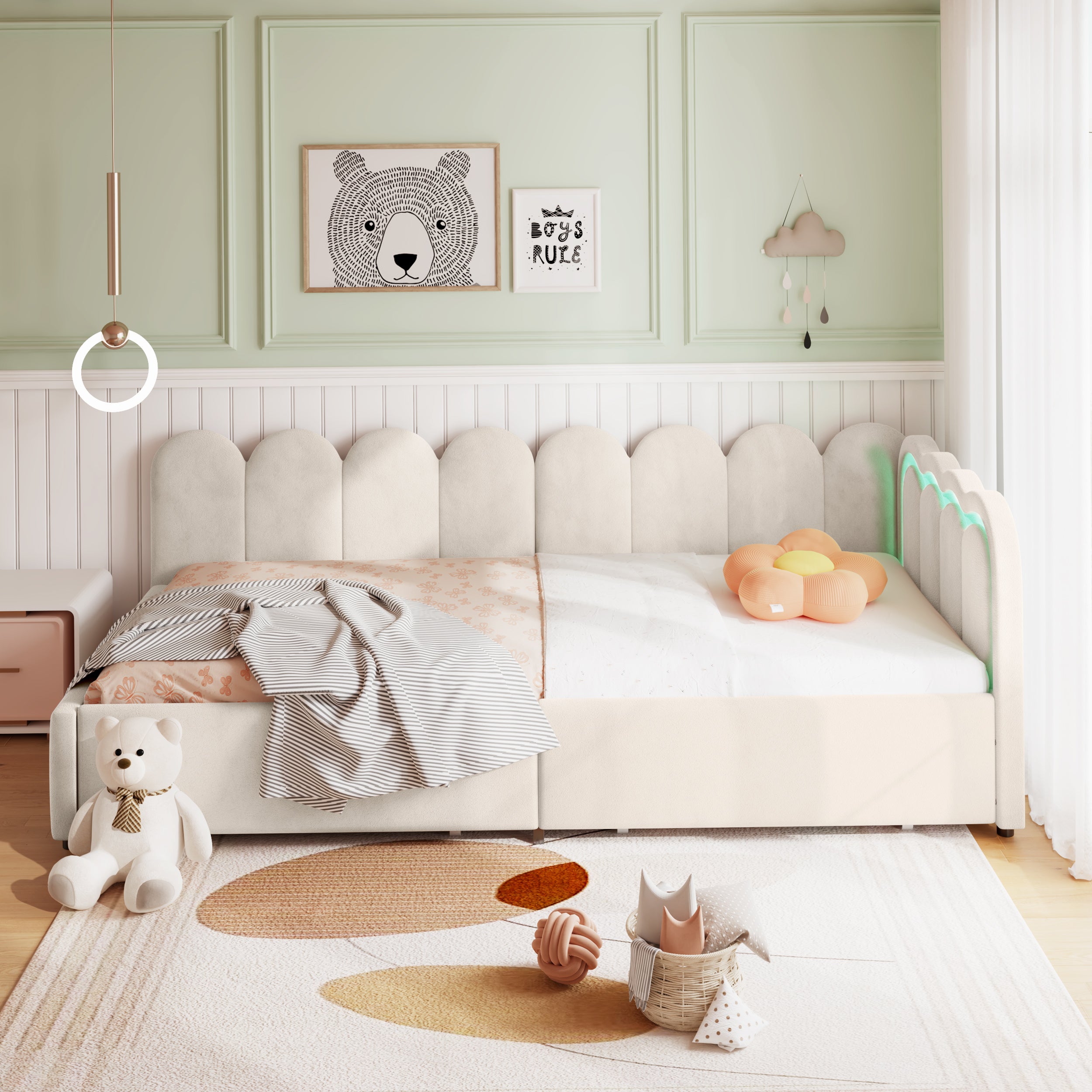 3ft Single Daybed with Smart RGB LED Lights and 2 Storage Drawers, Modern Velvet Youth Bed with Scalloped Backrest and Wooden Slats, Reversible Side Panel, Easy Assembly, Beige (No Mattress)