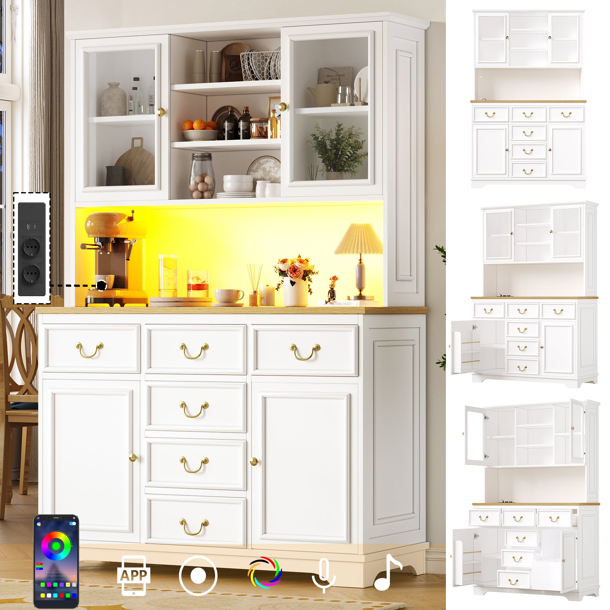 Tall kitchen cabinet with USB ports and sockets, sideboard with LED light strip, kitchen cabinet, storage cabinet with snack shelf doors, sideboard, waste bin can be installed, white