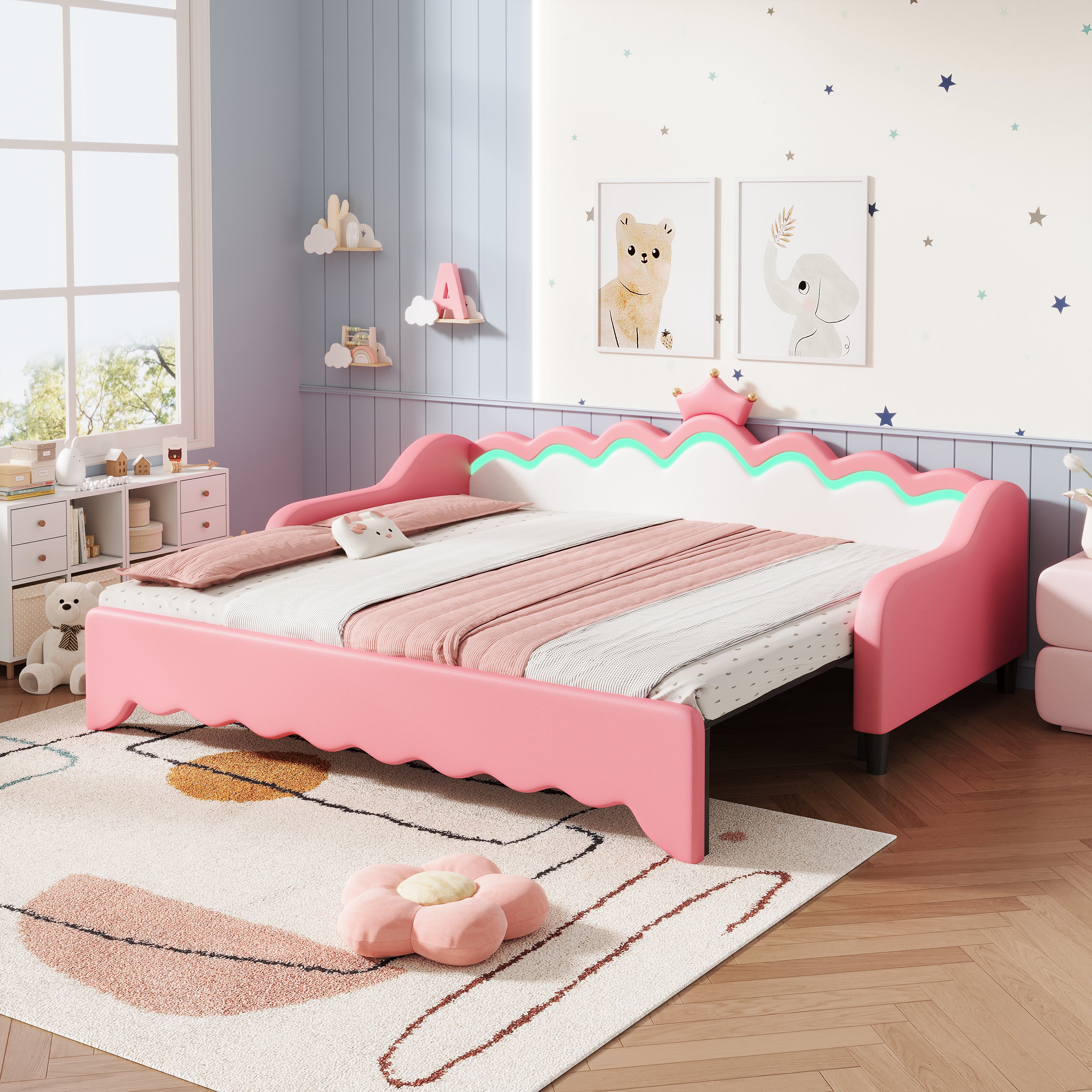 3ft Single Daybed with LED Crown Shape Headboard, PU Leather Sofa Bed Frame with Solid Wood Slat, Pull out Trundle Bed for Living Room/ Bedroom/ Study Room, Cream White + Pink (No Mattress)