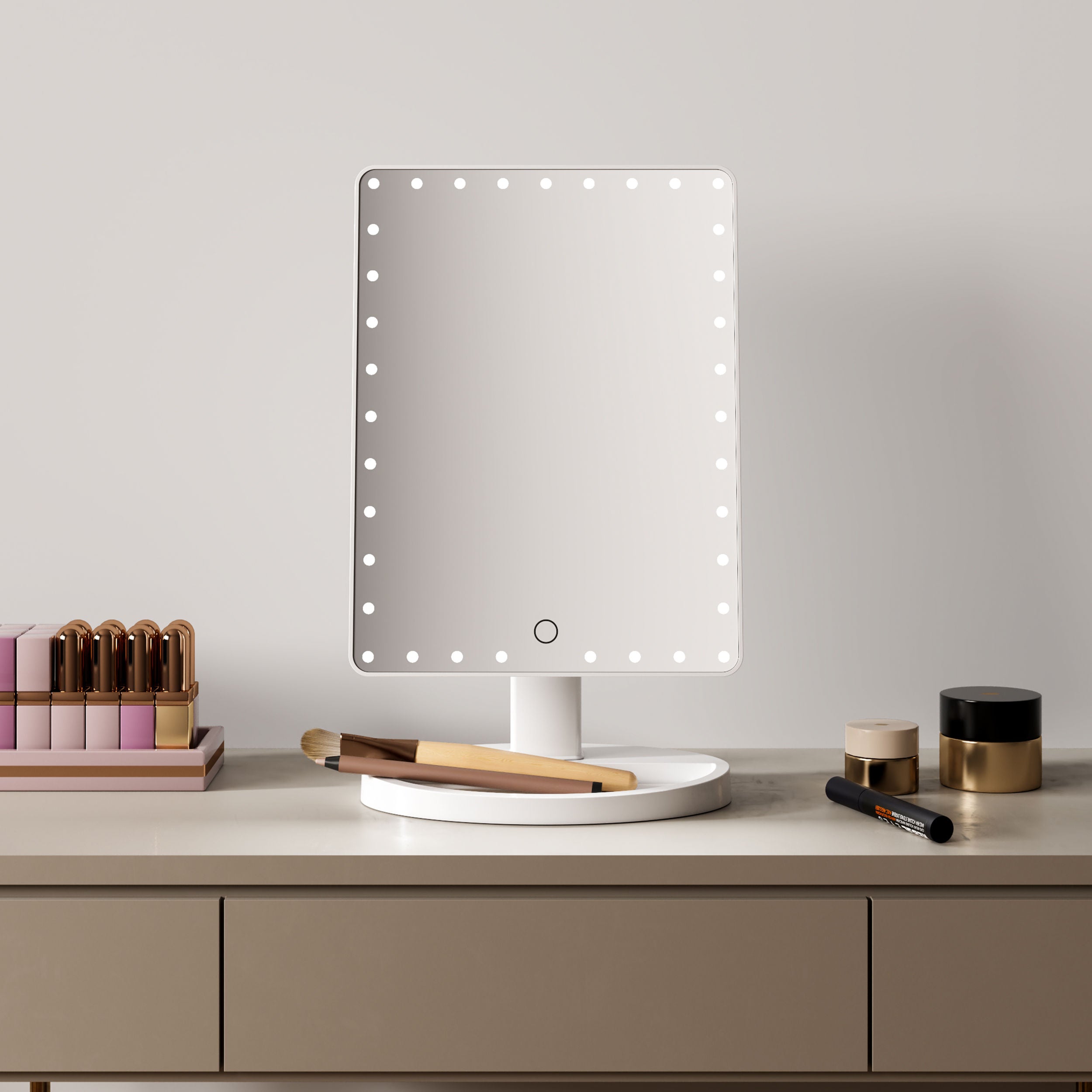 Hollywood Style LED Tabletop Mirror – 360° Swivel, Dimmable & Storage Base