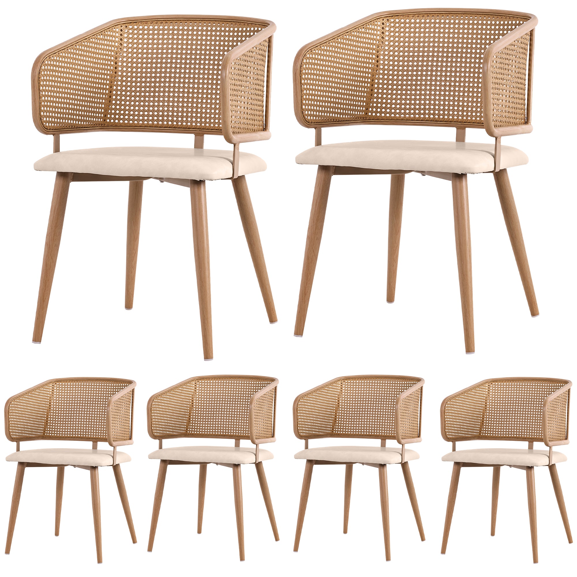 Modern Dining Chairs (6 pcs) with Rattan Backrest & PU Leather Seat, Breathable and Comfortable Dining Chairs for Restaurant, Living Room, Café , Contemporary Simple Style, Beige