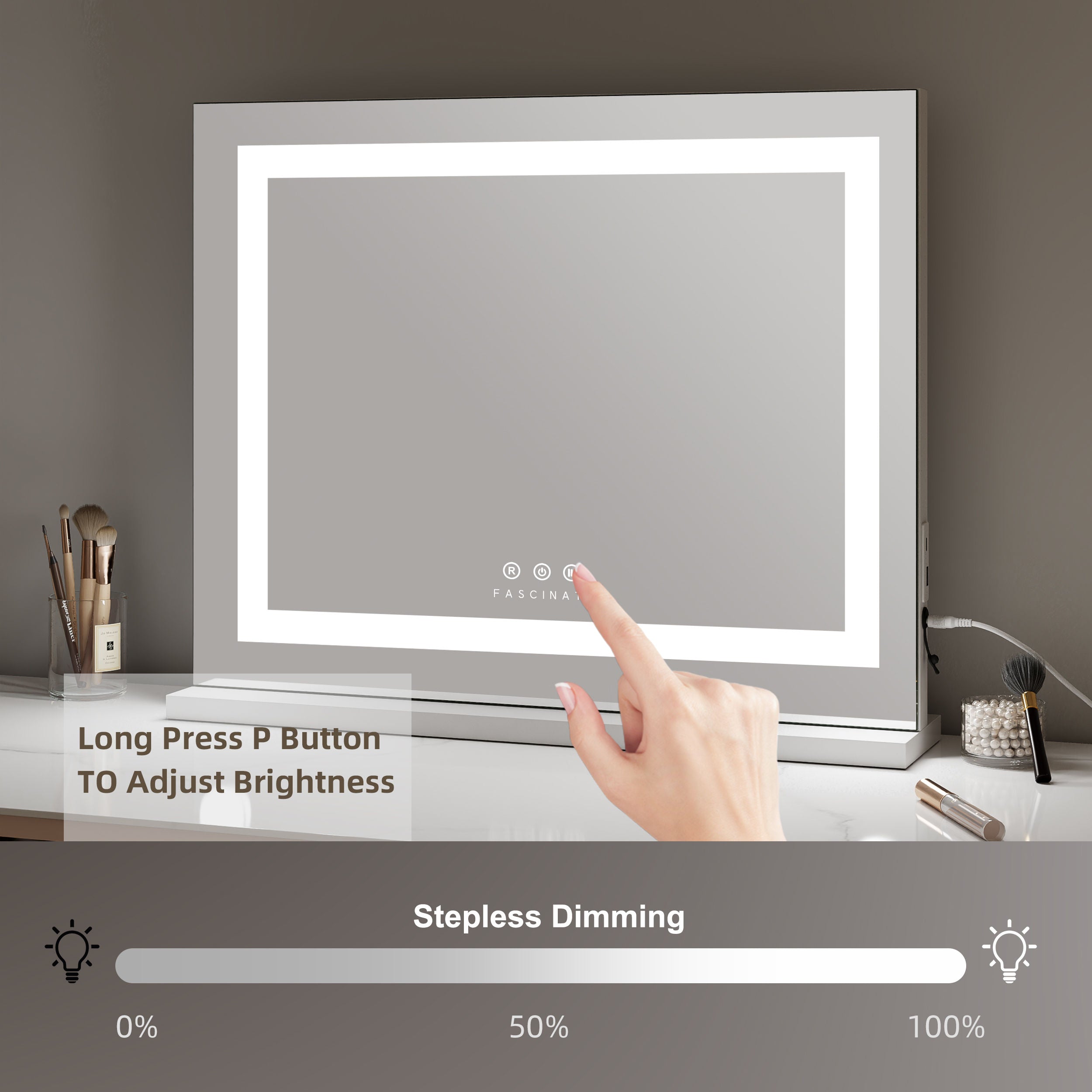 Large Hollywood Vanity Mirror with LED Light Strip – Dimmable, 58x48cm