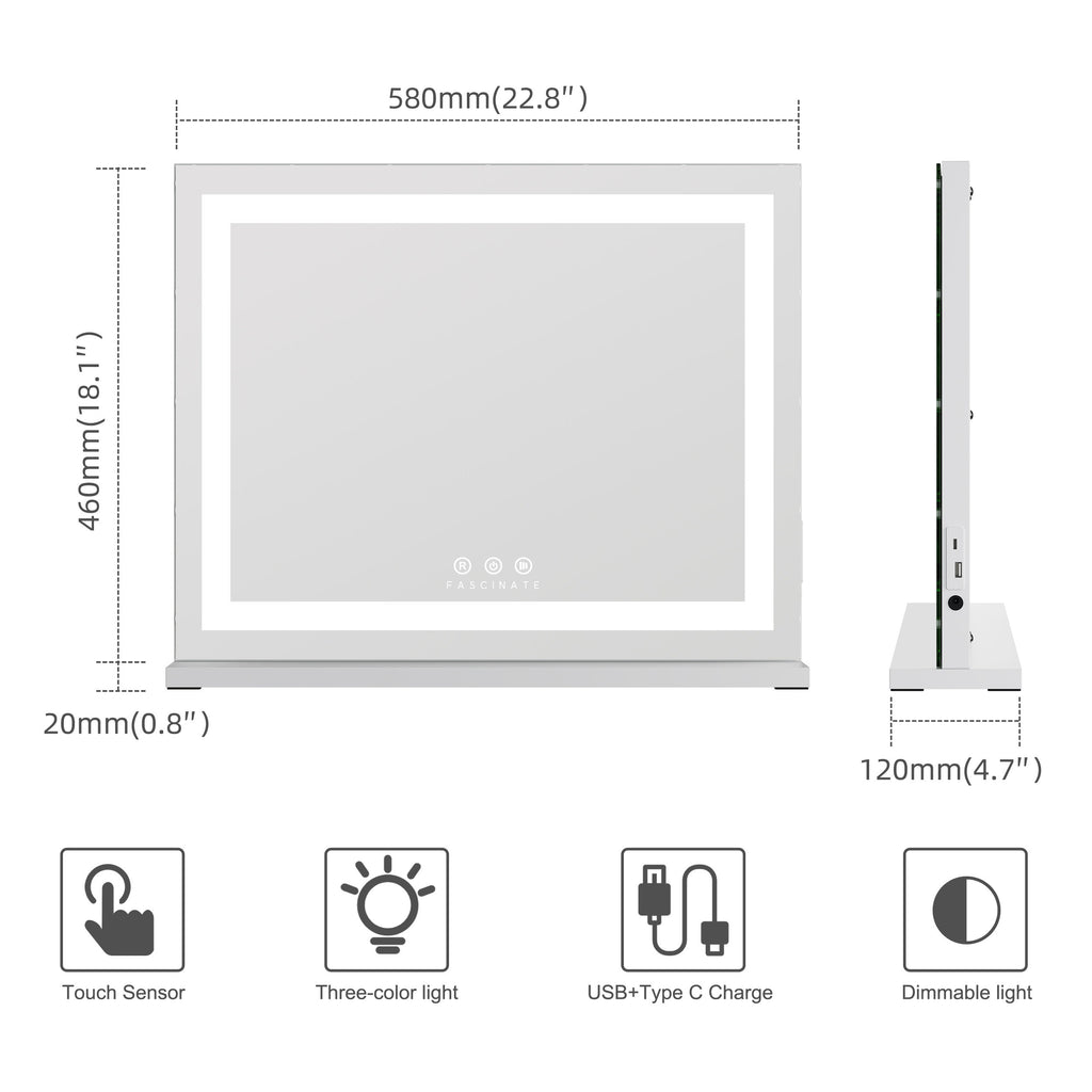 Large Hollywood Vanity Mirror with LED Light Strip – Dimmable, 58x48cm