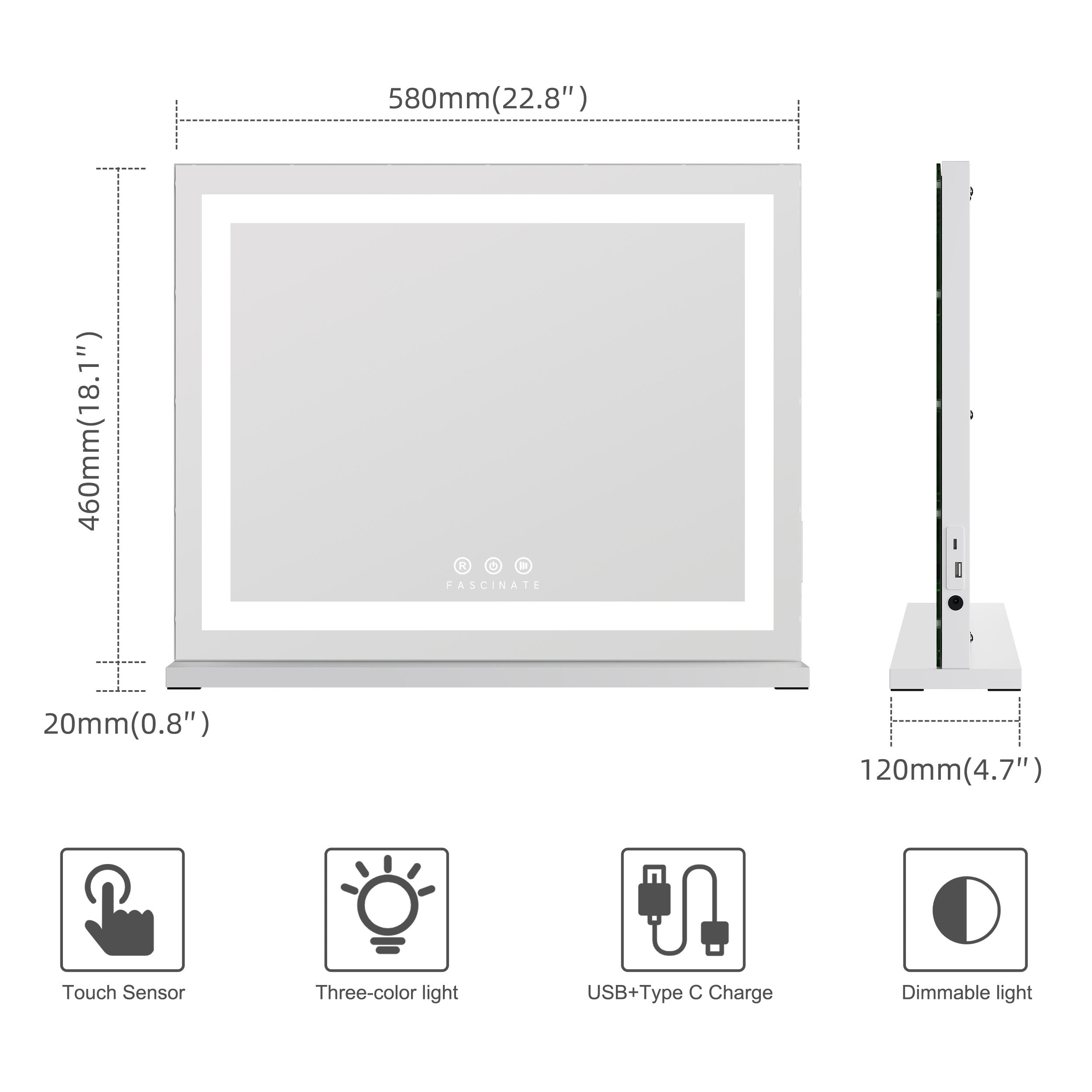 Large Hollywood Vanity Mirror with LED Light Strip – Dimmable, 58x48cm