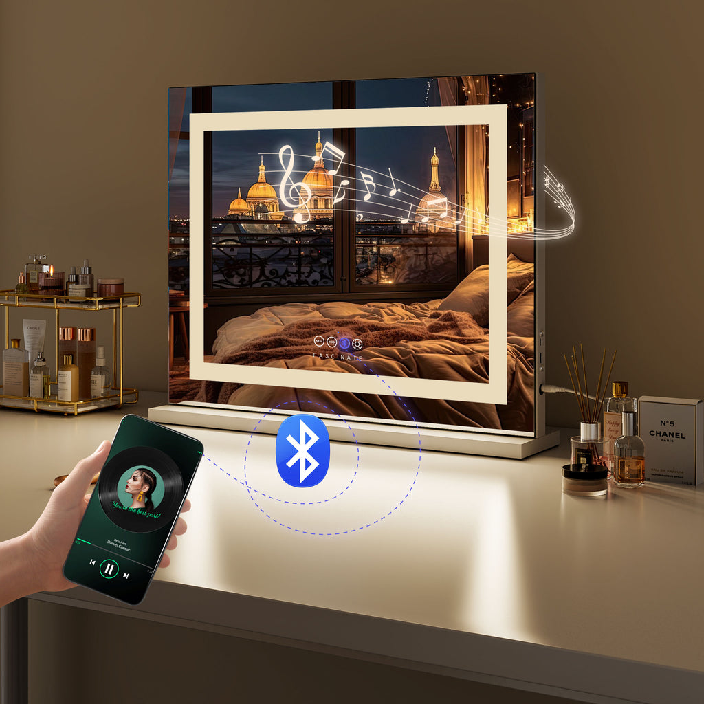 Hollywood Vanity Mirror – Hi-Fidelity Bluetooth 5.0 Sound, LED Light Strip, 58x48cm White