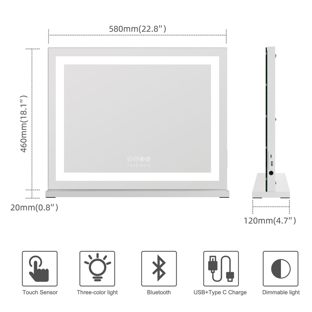 Hollywood Vanity Mirror – Hi-Fidelity Bluetooth 5.0 Sound, LED Light Strip, 58x48cm White