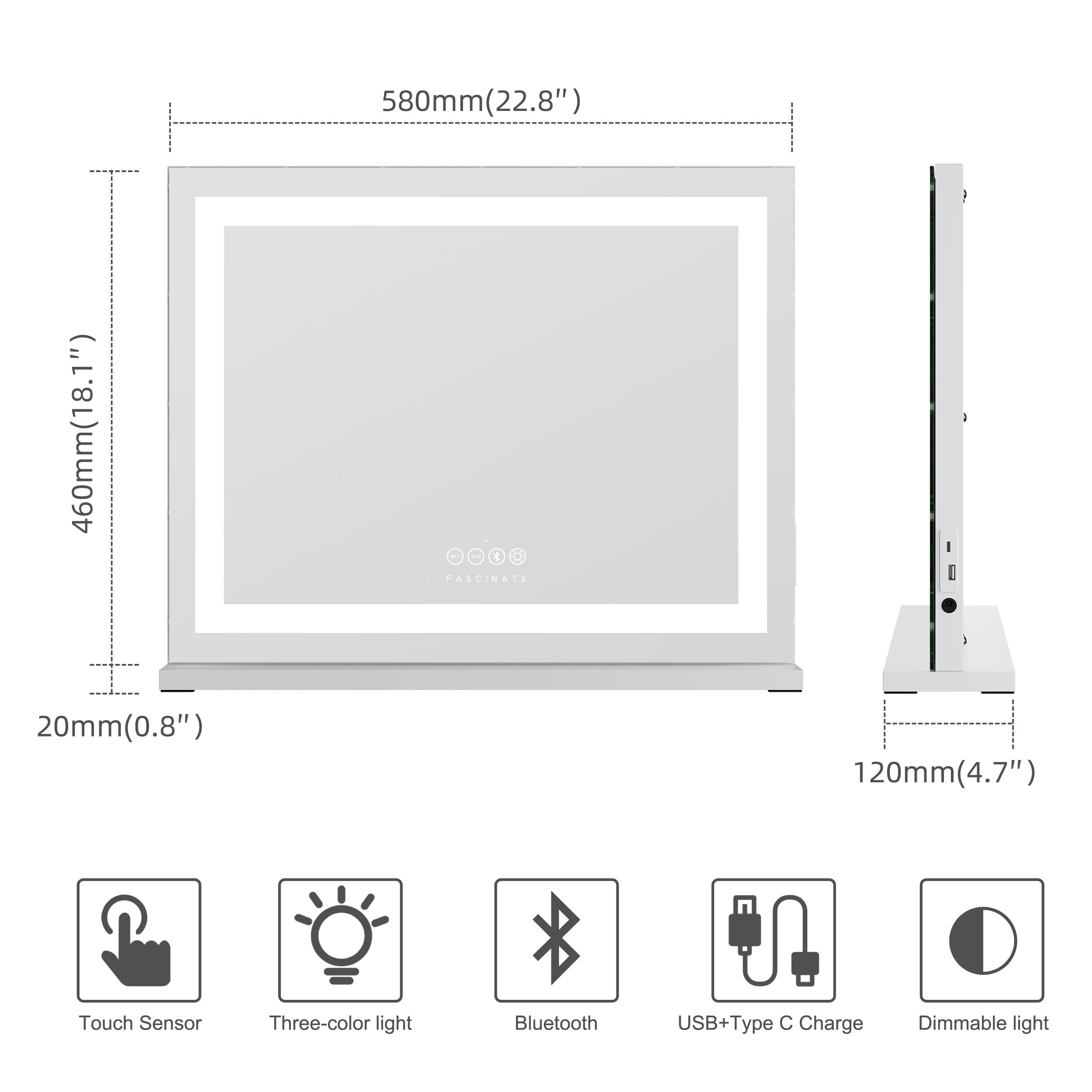 Hollywood Vanity Mirror – Hi-Fidelity Bluetooth 5.0 Sound, LED Light Strip, 58x48cm White