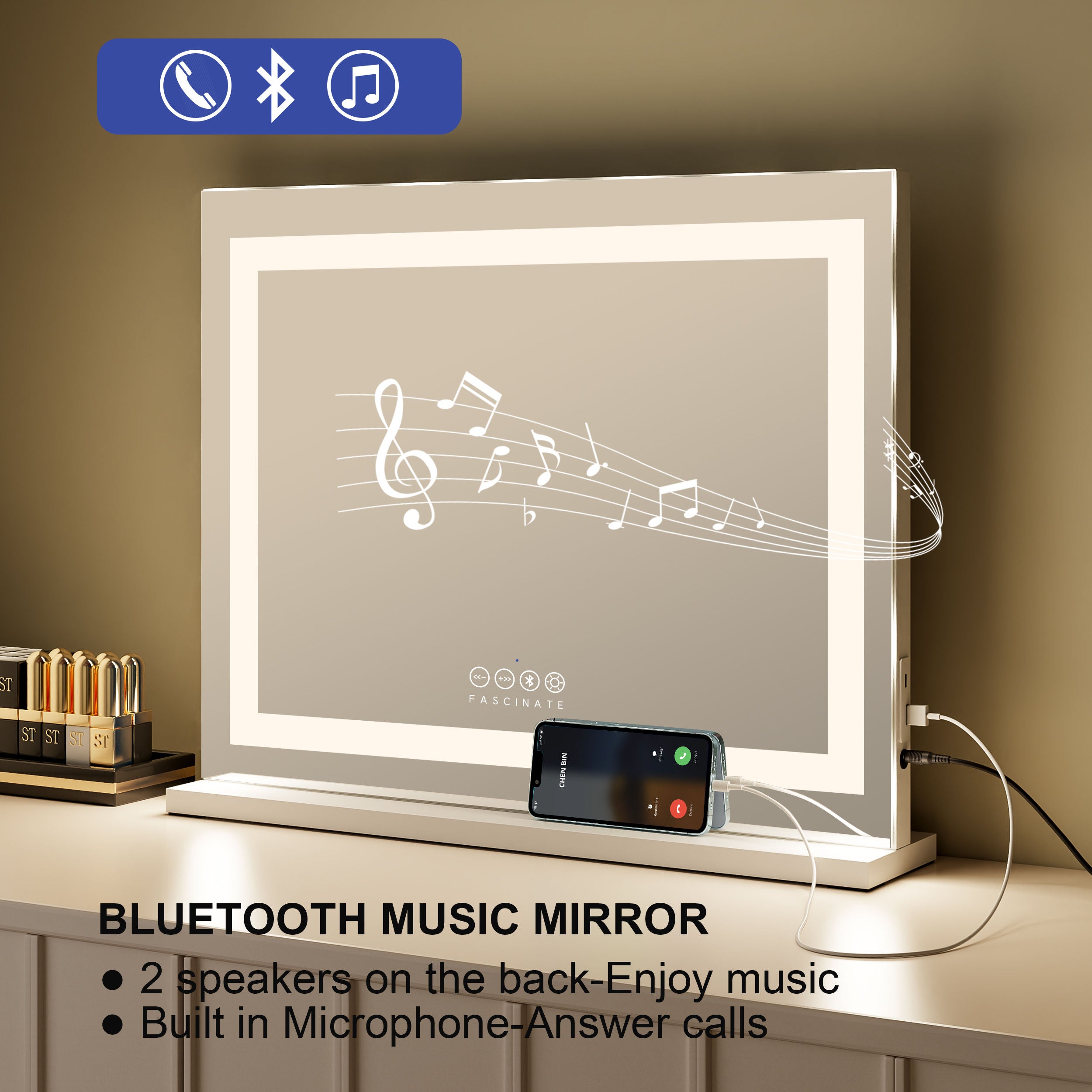 Hollywood Vanity Mirror – Hi-Fidelity Bluetooth 5.0 Sound, LED Light Strip, 58x48cm White
