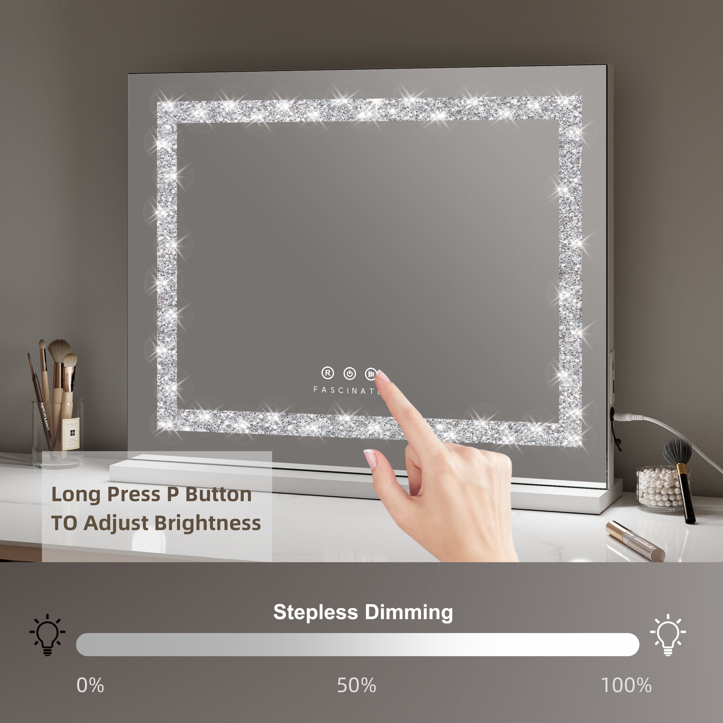 Hollywood Vanity Makeup Mirror Crushed Diamonds Dimmable LED Large 58x48cm