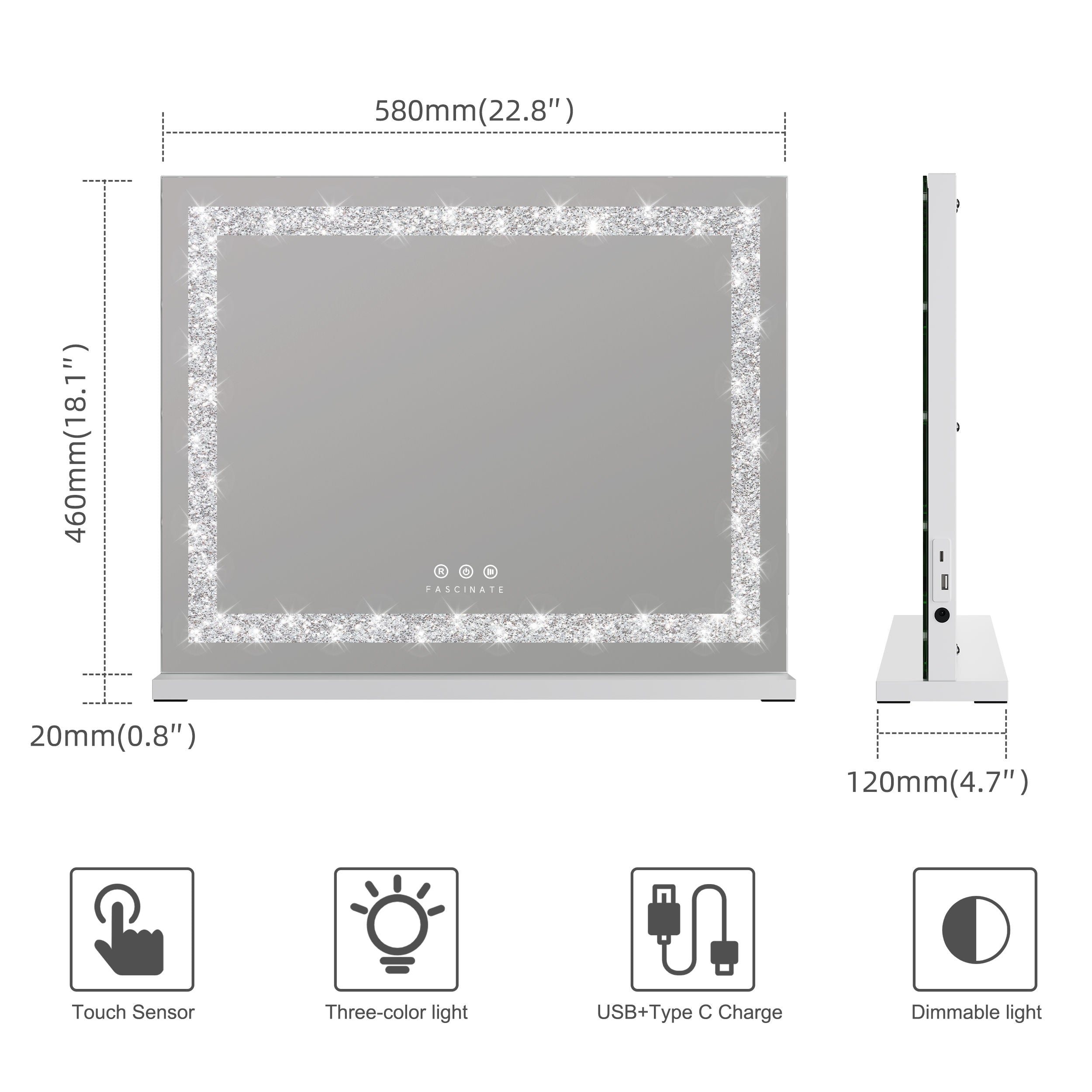 Hollywood Vanity Makeup Mirror Crushed Diamonds Dimmable LED Large 58x48cm