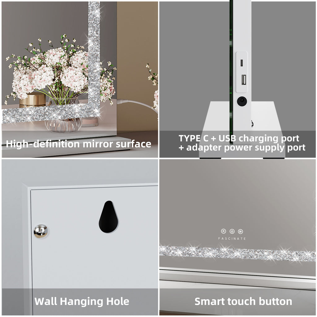 Hollywood Vanity Makeup Mirror Crushed Diamonds Dimmable LED Large 58x48cm