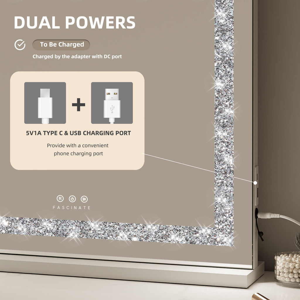 Hollywood Vanity Makeup Mirror Crushed Diamonds Dimmable LED Large 58x48cm