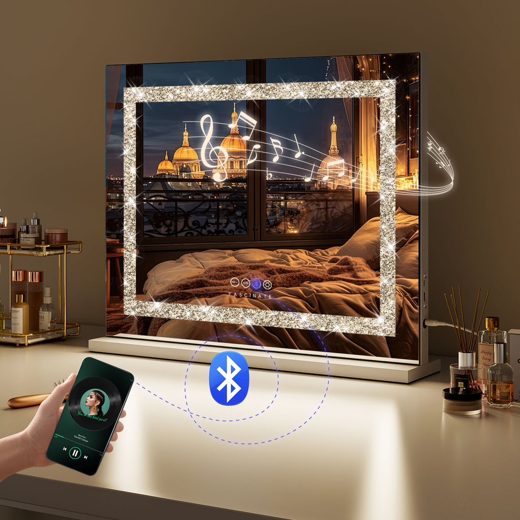 Crushed Diamond Hollywood Mirror – 58x48cm, Bluetooth & Speaker Phone, 15 LED