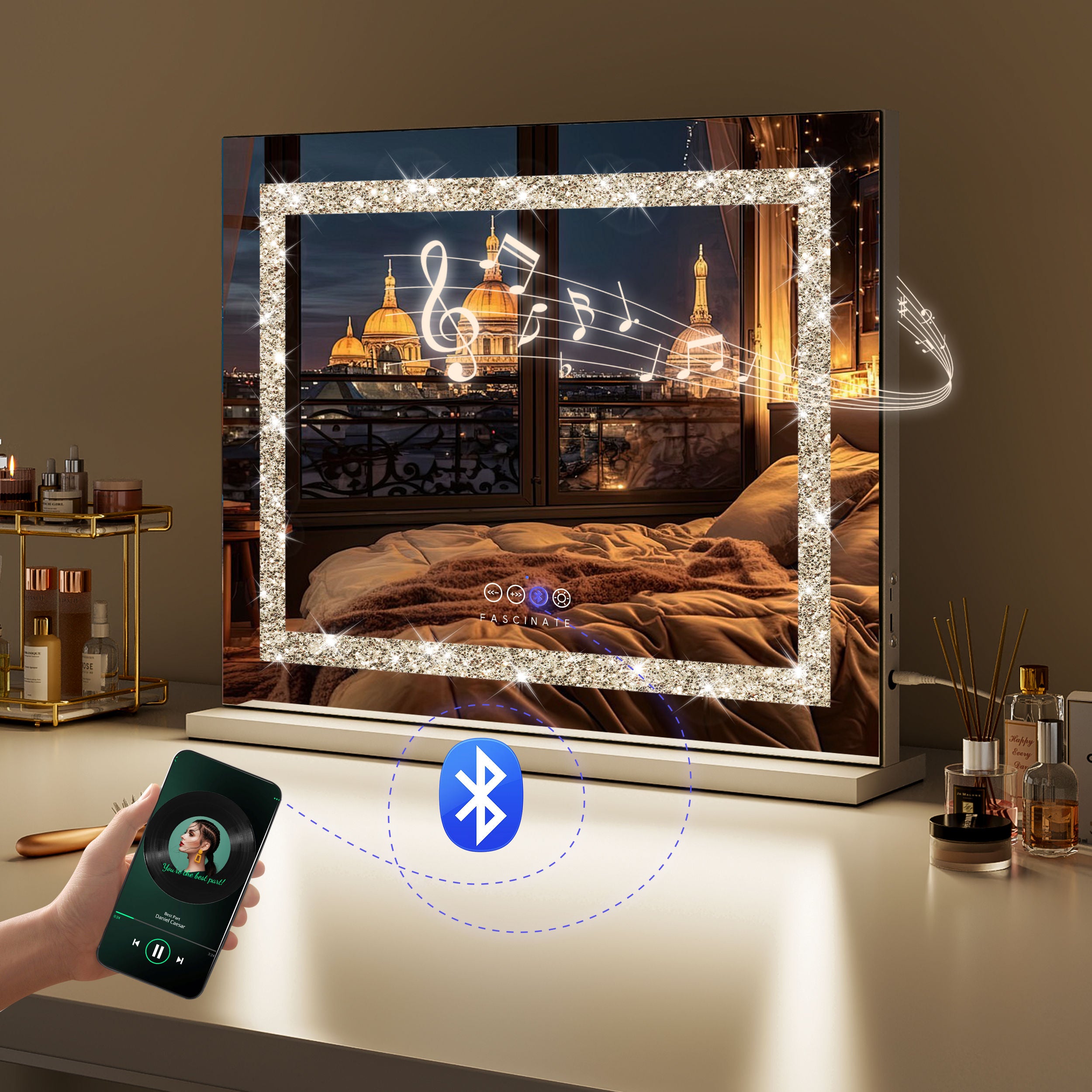 Crushed Diamond Hollywood Mirror – 58x48cm, Bluetooth & Speaker Phone, 15 LED