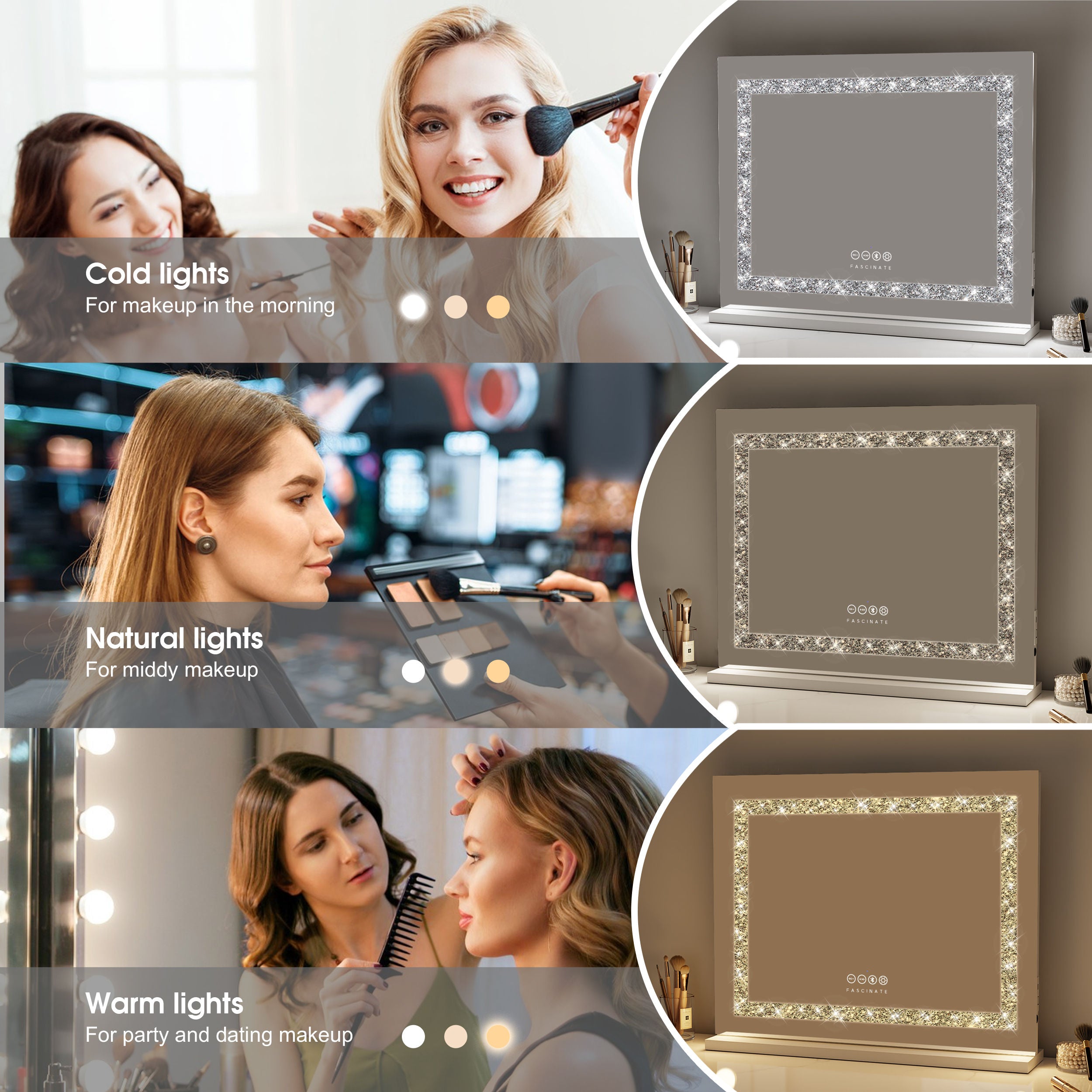 Crushed Diamond Hollywood Mirror – 58x48cm, Bluetooth & Speaker Phone, 15 LED