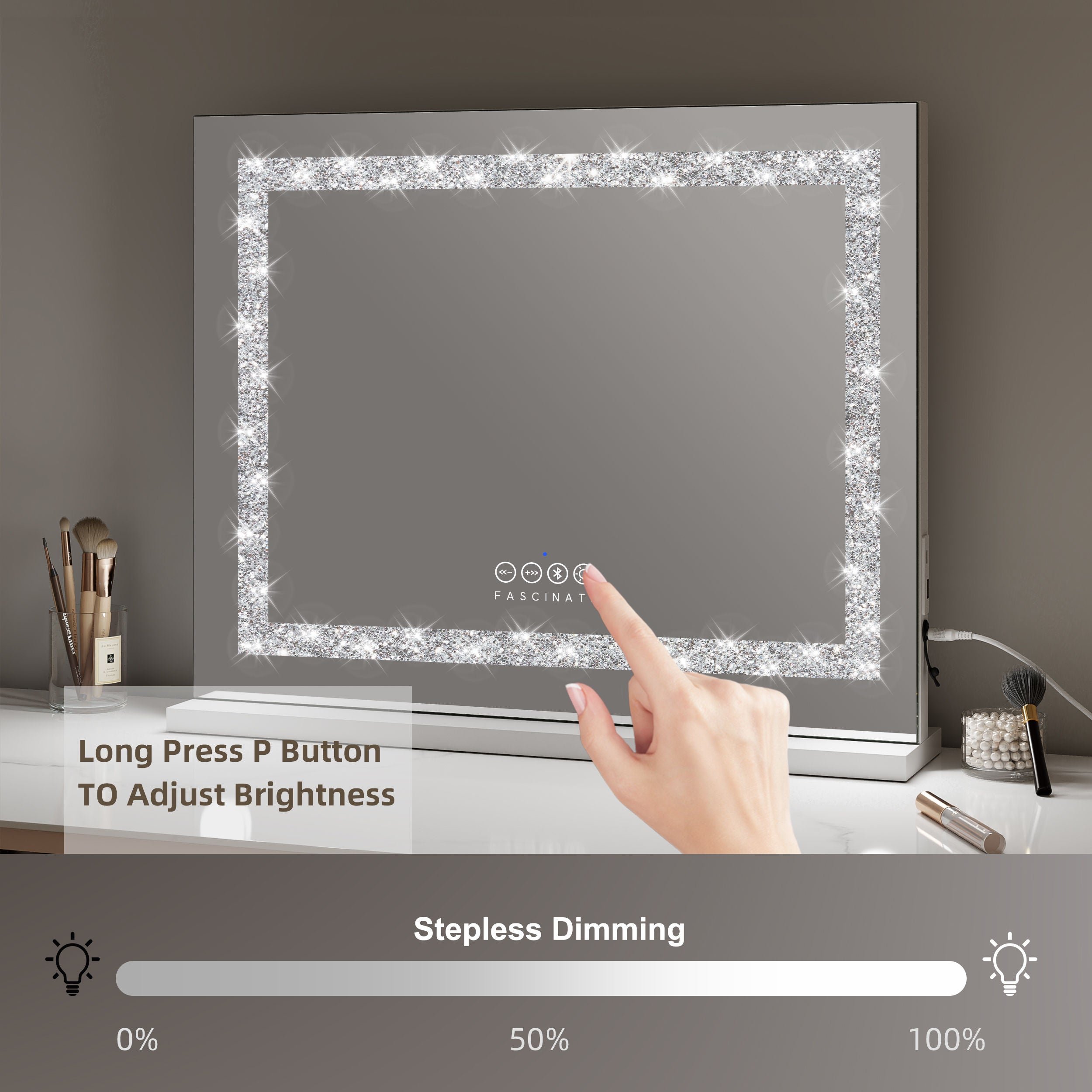 Crushed Diamond Hollywood Mirror – 58x48cm, Bluetooth & Speaker Phone, 15 LED