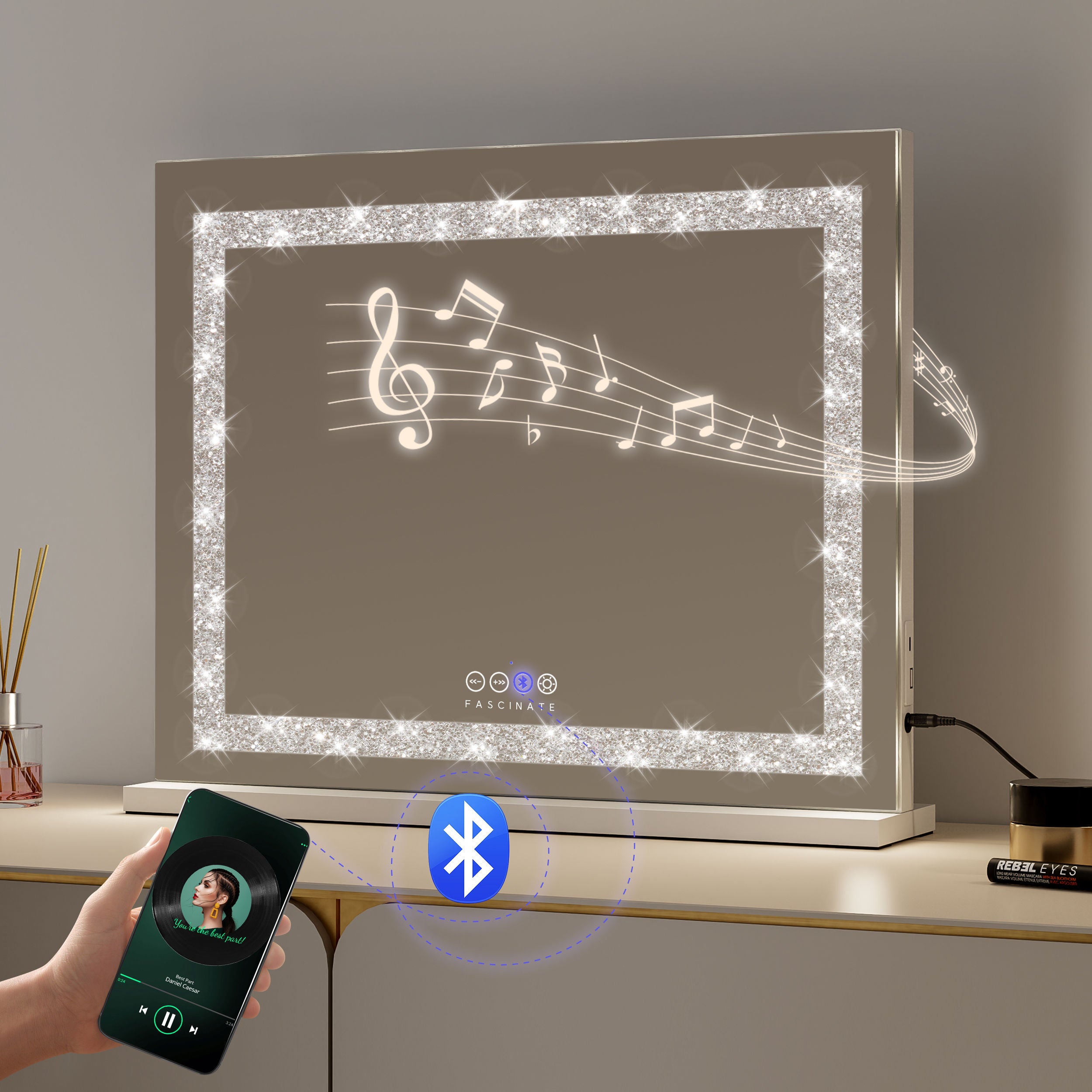 Crushed Diamond Hollywood Mirror – 58x48cm, Bluetooth & Speaker Phone, 15 LED