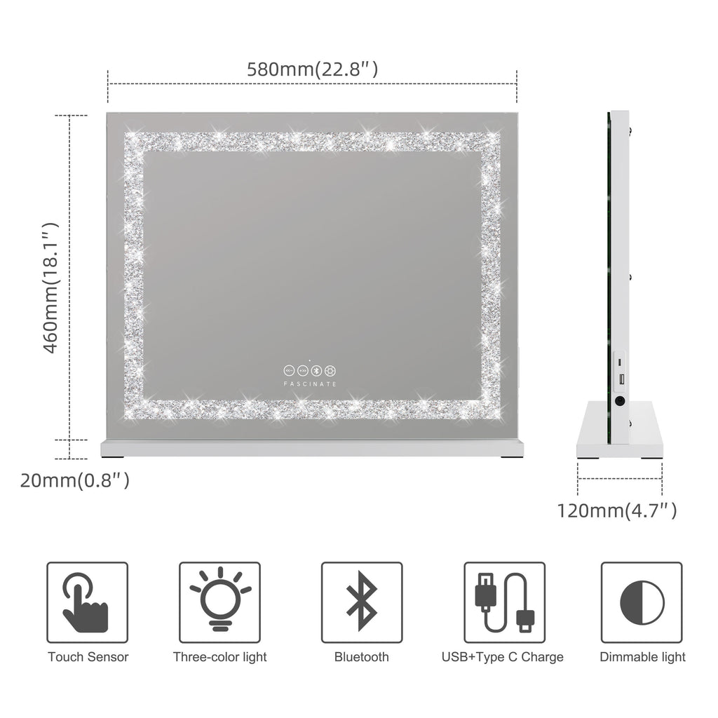 Crushed Diamond Hollywood Mirror – 58x48cm, Bluetooth & Speaker Phone, 15 LED