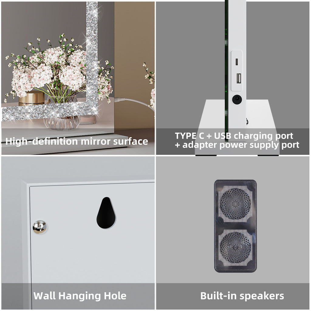 Crushed Diamond Hollywood Mirror – 58x48cm, Bluetooth & Speaker Phone, 15 LED