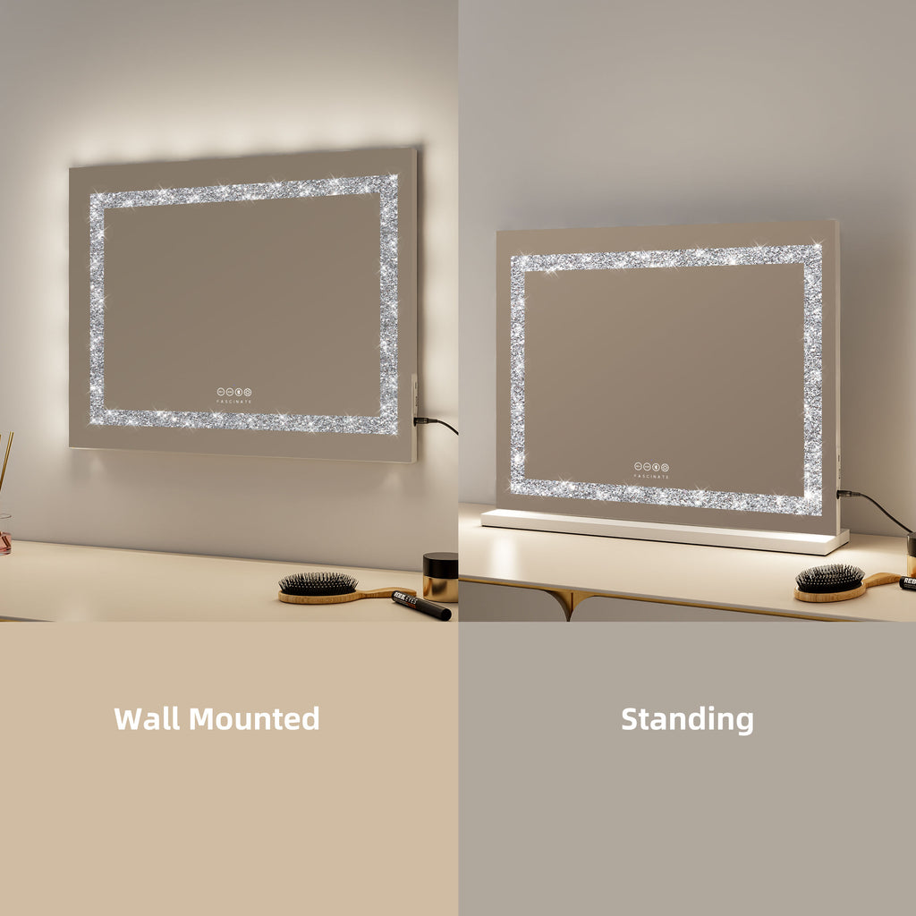 Crushed Diamond Hollywood Mirror – 58x48cm, Bluetooth & Speaker Phone, 15 LED