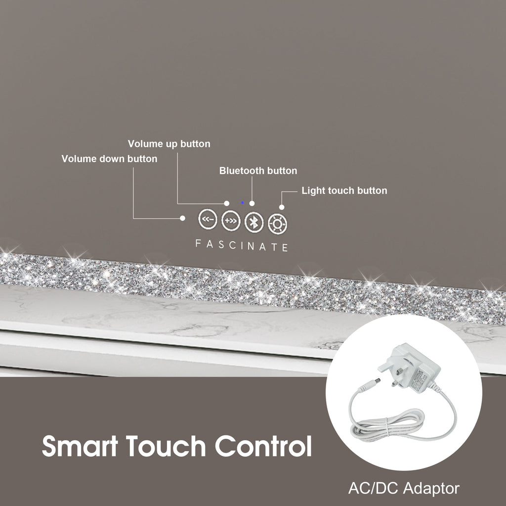Crushed Diamond Hollywood Mirror – 58x48cm, Bluetooth & Speaker Phone, 15 LED