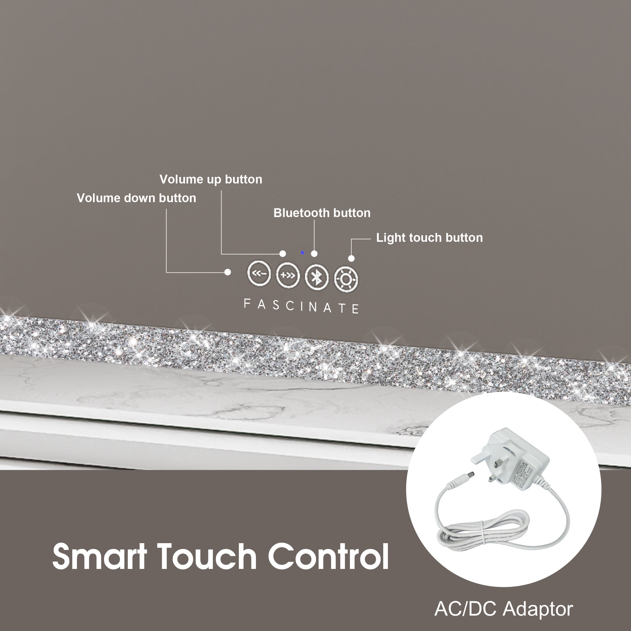 Crushed Diamond Hollywood Mirror – 58x48cm, Bluetooth & Speaker Phone, 15 LED